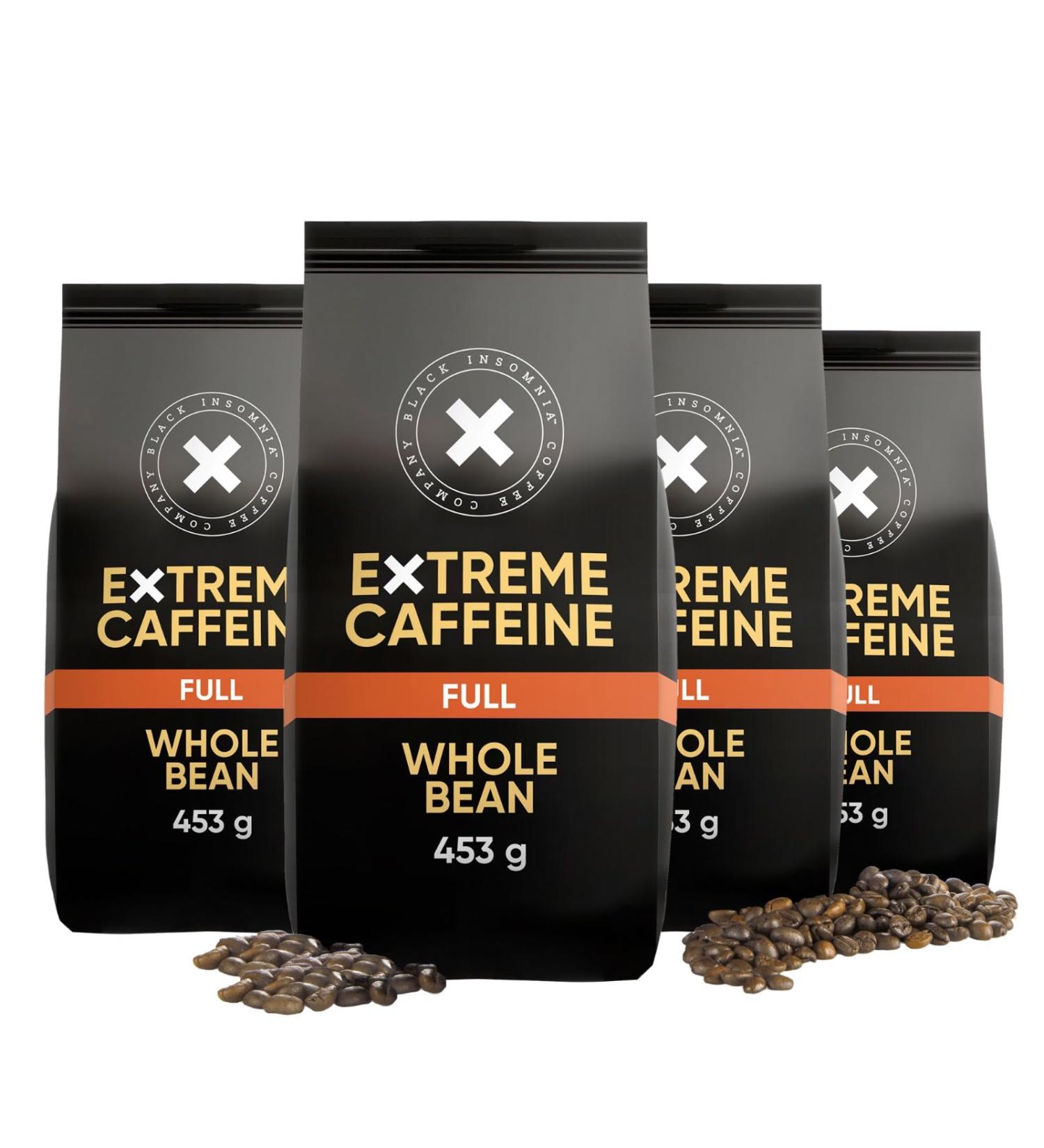 4 x Black Insomnia Coffee Beans - Extra Strong 1105mg Caffeine per Cup | World's Strongest Coffee | 100% Robusta & Dark Roasted Espresso | 4 Pack (453g Each) - Buy Online on GoSupps.com
