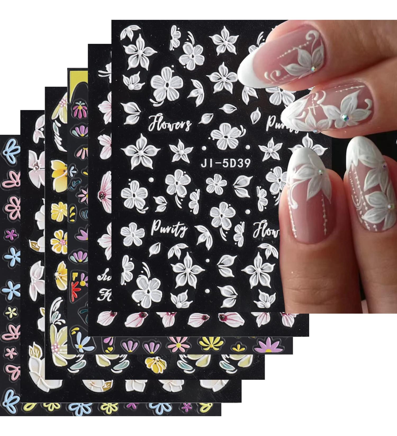 YOSOMK 5D Flower Nail Sticker Set - 3D Embossed Engraved Decals for Summer Nail Art - 6 Sheets Floral Pegatinas U as in White Yellow Pink - Nail Supplies for Women - Buy Online on GoSupps.com