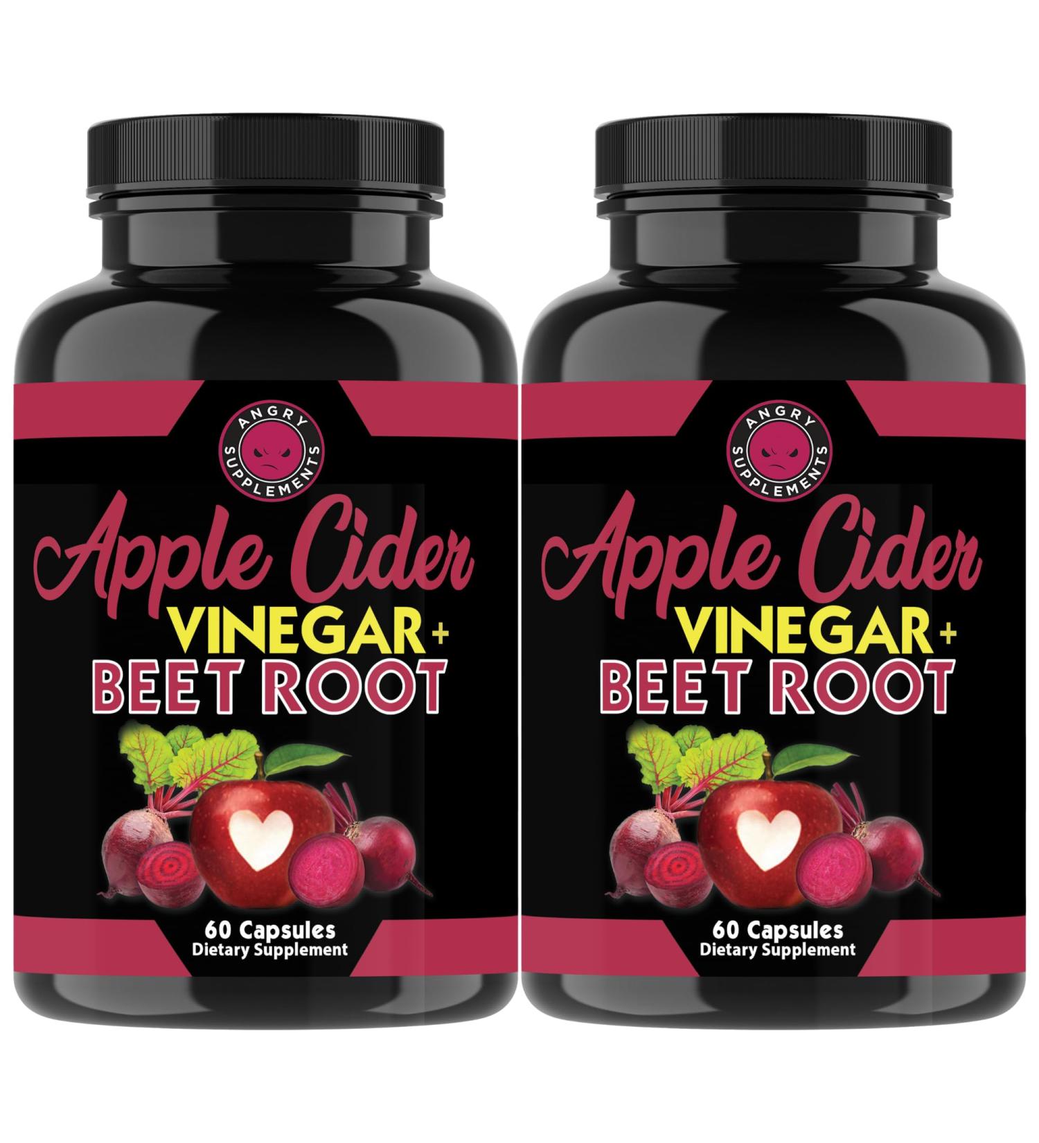 Angry Supplements Apple Cider Vinegar + Beet Root Powder Capsules - 1000mg Nitric Oxide Booster & Digestive Health - 60ct x 2 Pack (120ct - Buy Online on GoSupps.com
