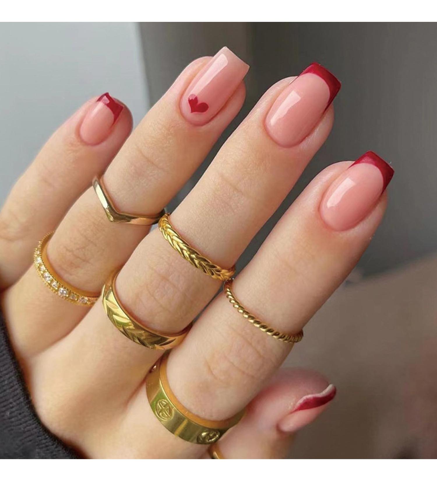 Justotry Red French Nails - 24-Piece Heart Motif Press-On Set | Glossy Angular Square Fingernails for Women - Buy Online on GoSupps.com