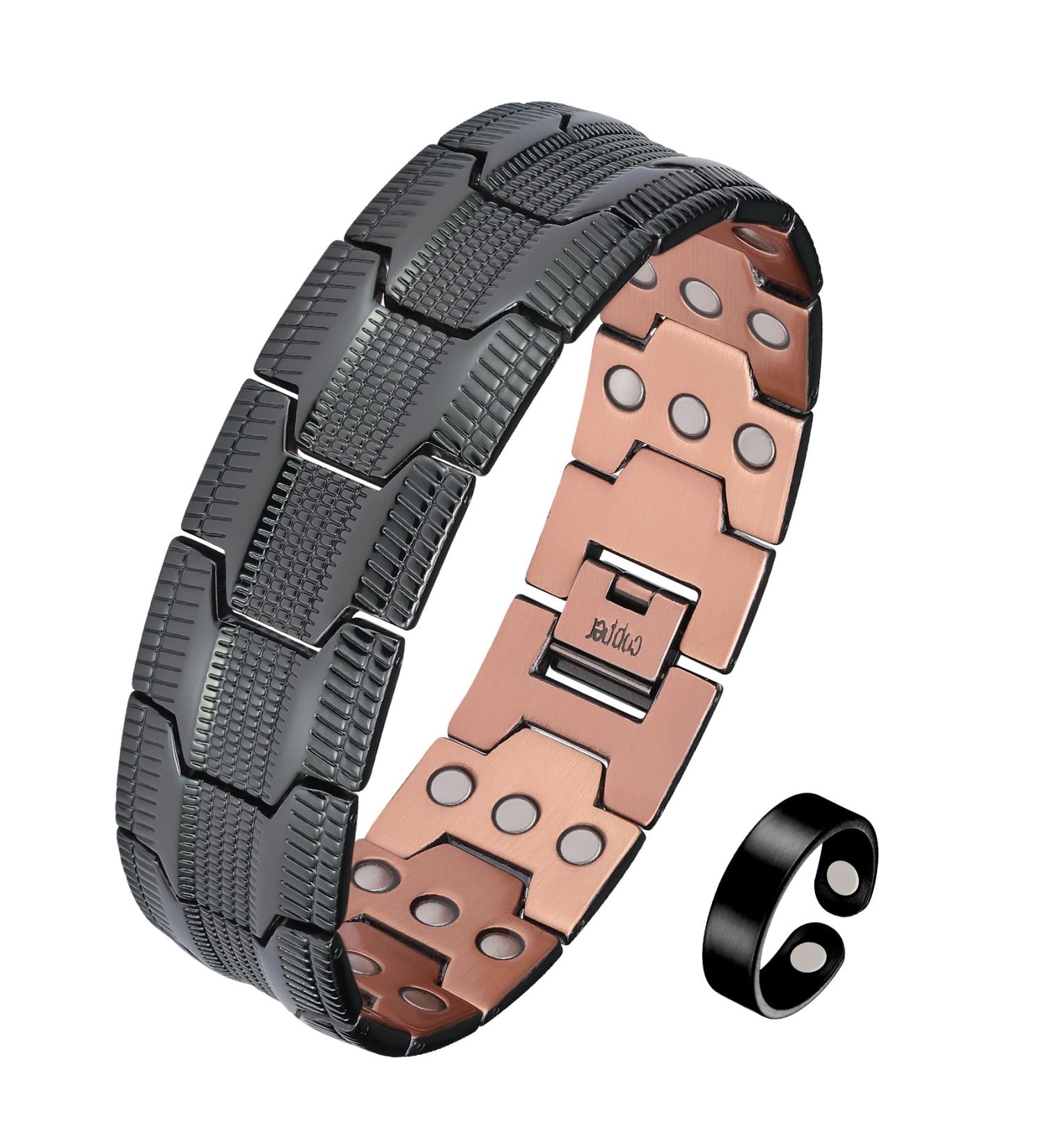 Jecanori 3X Lymph Drainage Copper Magnetic Bracelet for Men - Adjustable Wristband with Ultra Strength Magnets (3500 Gauss) - Includes Removal Tool and Gift Box - Lines-black - Buy Online on GoSupps.com