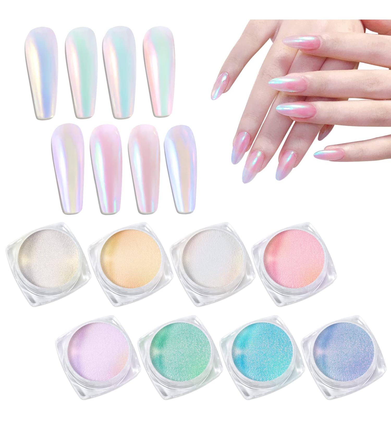 Laza Mermaid Pearl Chrome Nail Powder - 8 Colors Metallic Mirror Effect Pigment Kit for Gel Nail Art - Iridescent Aurora Nail Glitter Dust for Resin Craft & Gifts - Buy Online on GoSupps.com
