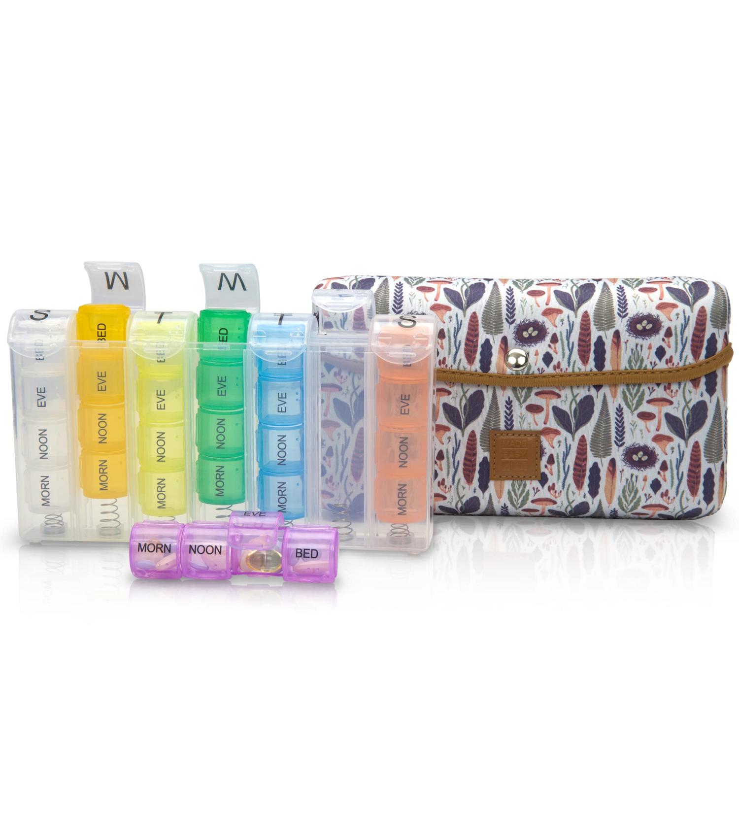 Buy Made Easy Kit Pill Case - Large 7-Day Organizer with Neoprene Carrier for Vitamins & Medicine | 28 Compartments - Brown Woods Design - Buy Online on GoSupps.com