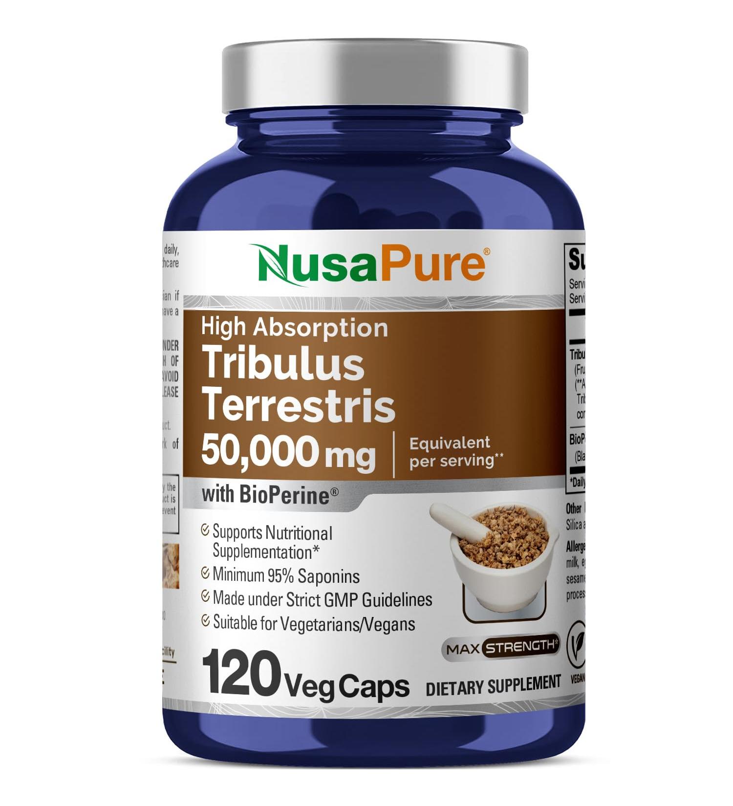 NusaPure Tribulus Terrestris 50:1 Extract 1000 mg Equivalent to 50 000mg| 120 Veggie Caps | 95% Steroidal Saponins | Non-GMO Bioperine 120 Count (Pack of 1) - Buy Online on GoSupps.com
