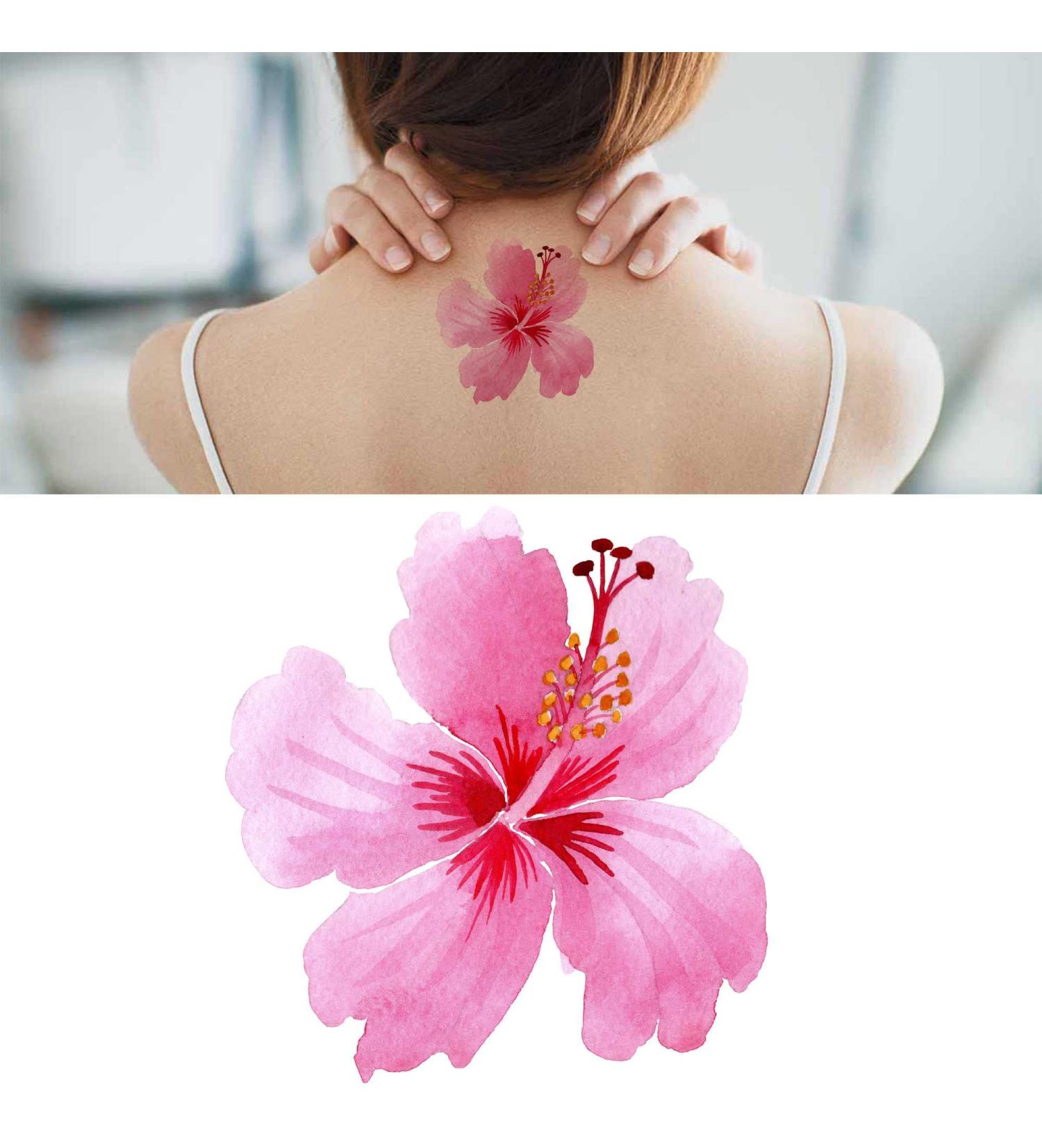 Wild Plant 6 Sheets Temporary Tattoos for Men Adults Wildflower Hibiscus Pink Flower in a Watercolor Style Isolated Full Name of The Temporary tattoo for Women Neck Arm Chest for Woman