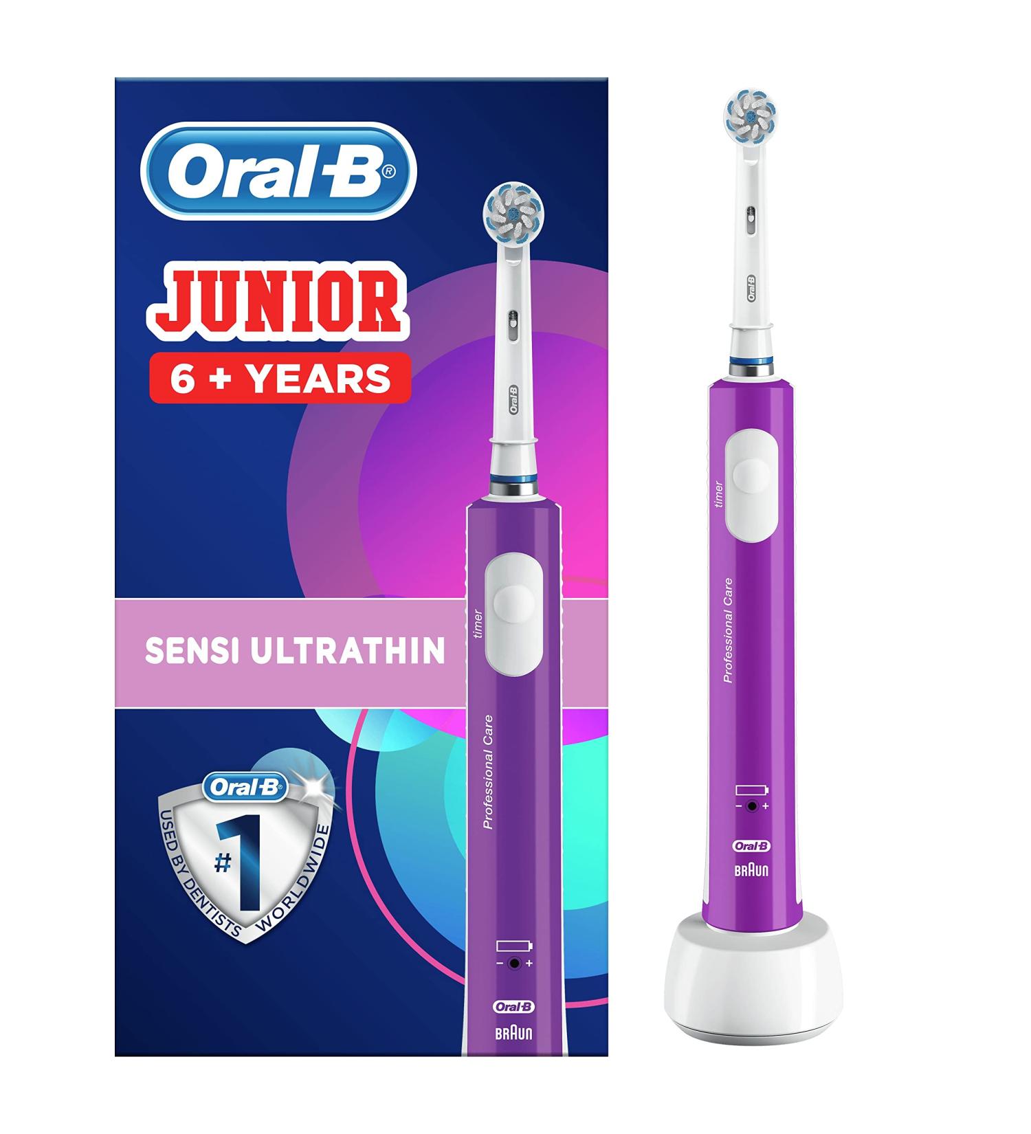 Oral-B Kids Electric Toothbrush | Kid-Friendly Sensitive Mode | Christmas Gift for Junior Kids Ages 6+ | Purple | 1 Toothbrush Head | 2 Pin UK Plug | 1 Count - Buy Online on GoSupps.com