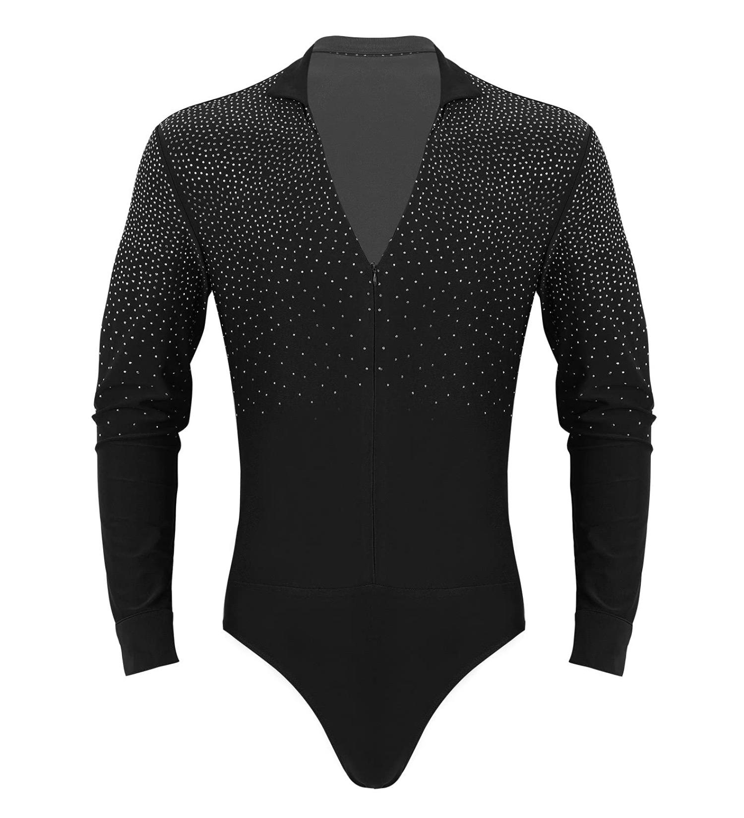 XUNZOO Men's Latin Ballet Ballroom Dance Leotard | Long Sleeve Mesh Splice | Shiny Rhinestones | Black Zipper | Medium - Buy Online on GoSupps.com