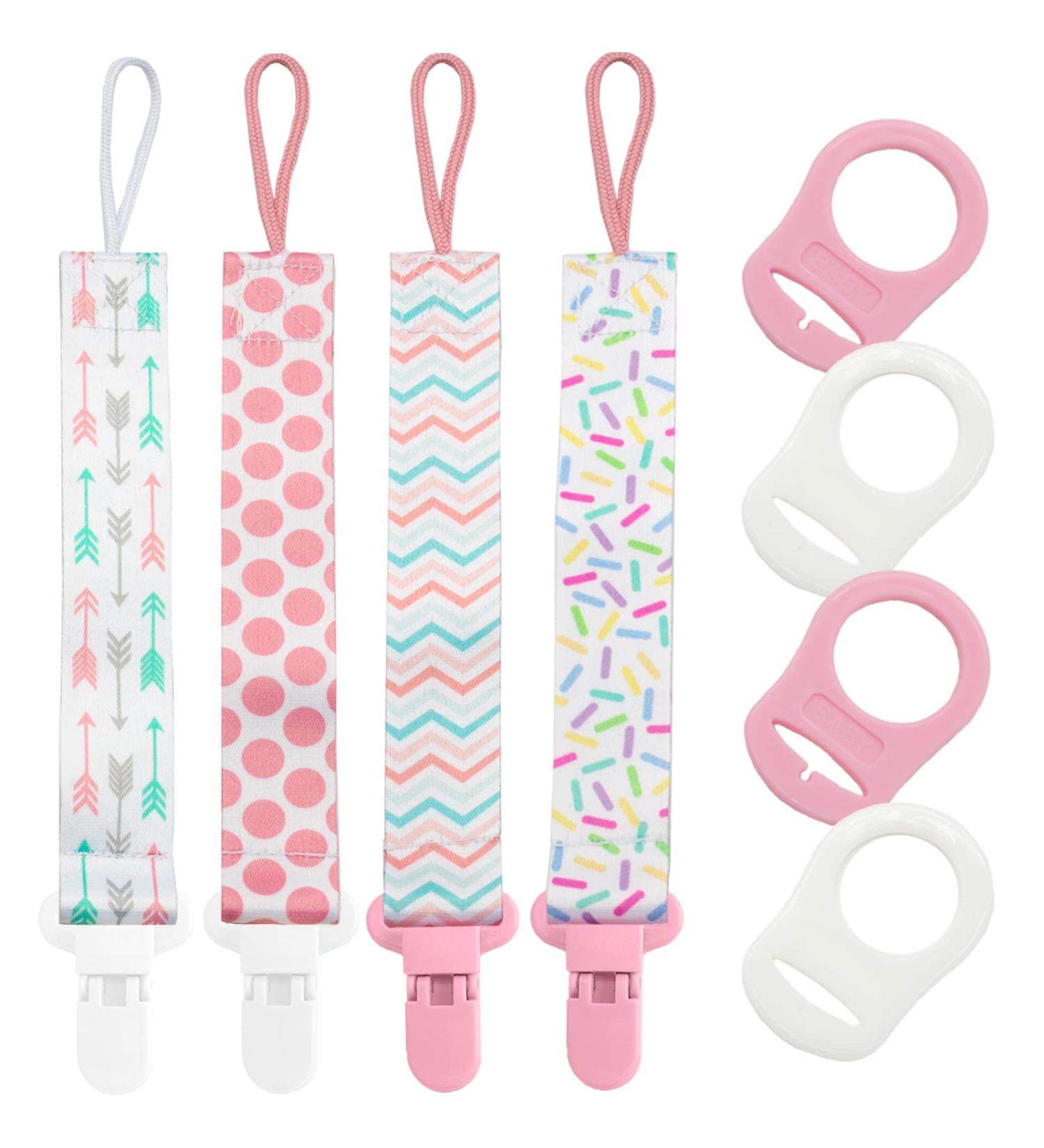 Pink Dummy Clips Set with Silicone Ring Adapter | Baby Pacifier Holder with Plastic Clasp | Soother Clip Straps for Dummies, Soothers, Teething Toys - Buy Online on GoSupps.com