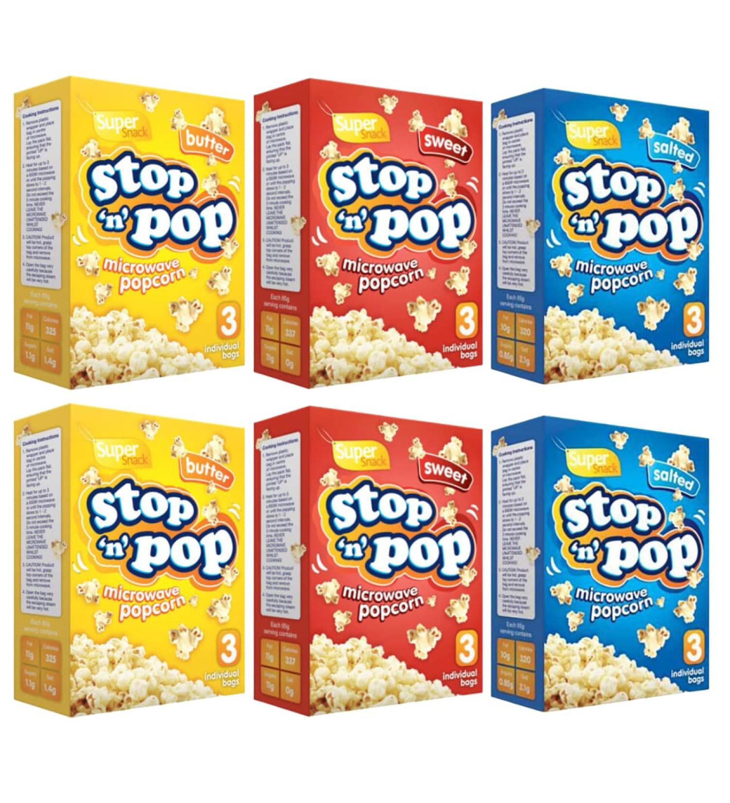Popcorn Bundle with Stop n Pop Salty Microwave Popcorn 3 Bags x2 WIth Sweet Popcorn 3 Bags x2 and Butter Popcorn 3 Bag x2 (6 Pack) - Buy Online on GoSupps.com