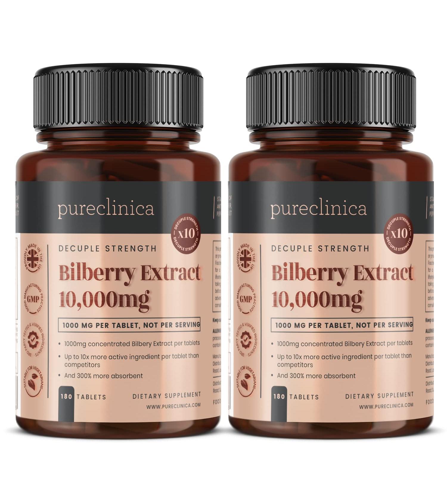 Bilberry Extract 10,000mg x 360 Tablets (2 Bottles) - High Anthocyanidin Content with Black Pepper Extract for Enhanced Absorption - Buy Online on GoSupps.com