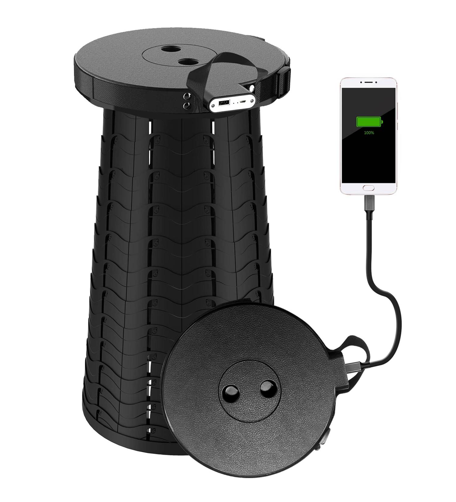 Arcwares Portable Charging Stool with Power Bank and USB Nightlight, Collapsible Retractable Folding Camping Stool Seat for Indoor Outdoor, 4400 mAh Charger for iPhone Android Black - Buy Online on GoSupps.com