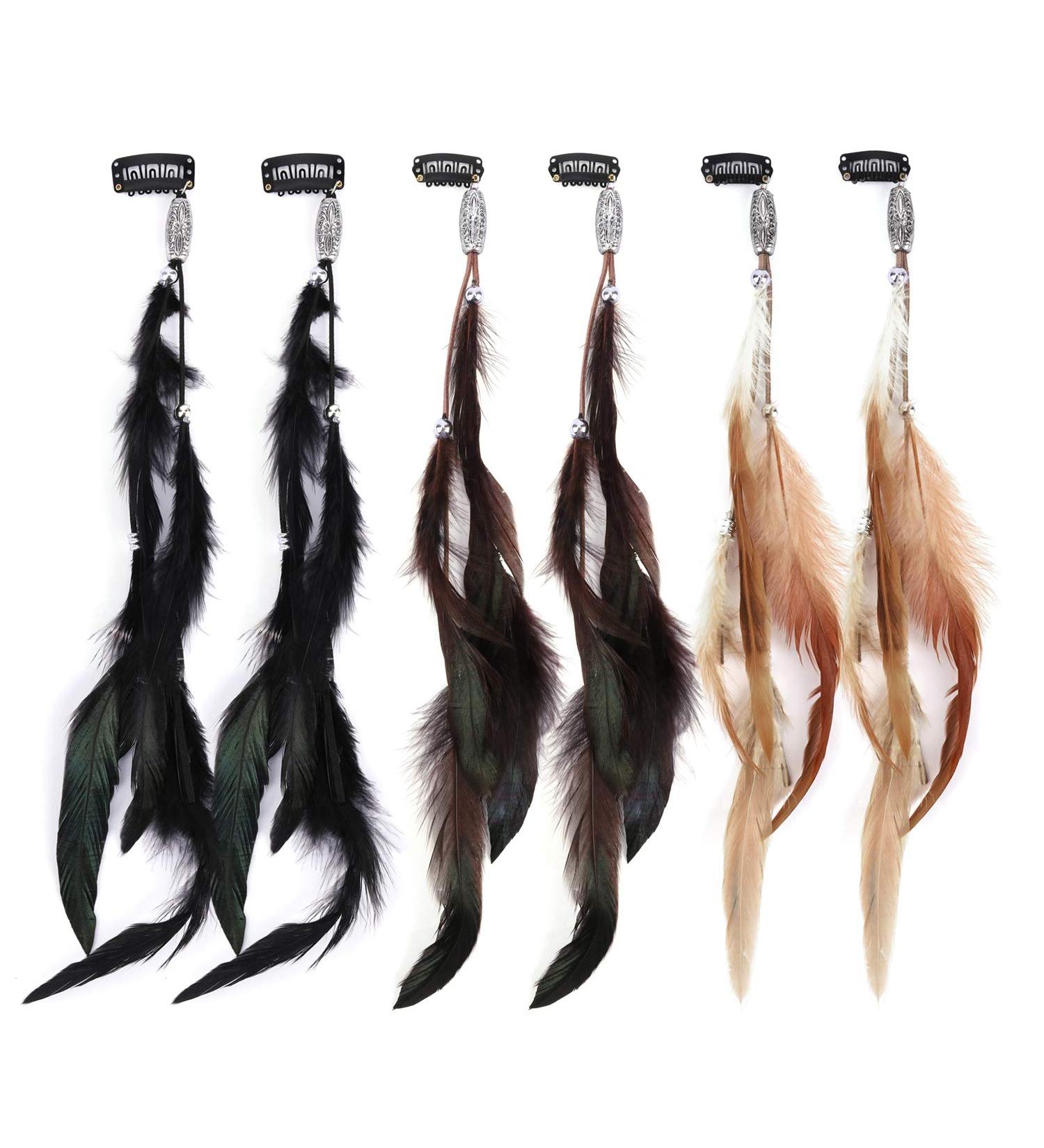 MWOOT Handmade Feather Clip in Hair Extension 6Pcs - Hippie Hair Headwear for Halloween Cosplay - Buy Online on GoSupps.com