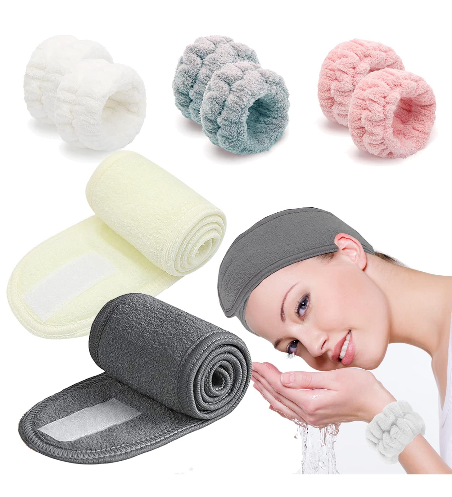 8-Piece Spa Facial Headband & Towel Set for Women - Adjustable Terry Cloth Wrap for Makeup, Skincare, and Shower - White Gray and Light Pink Colors - Buy Online on GoSupps.com