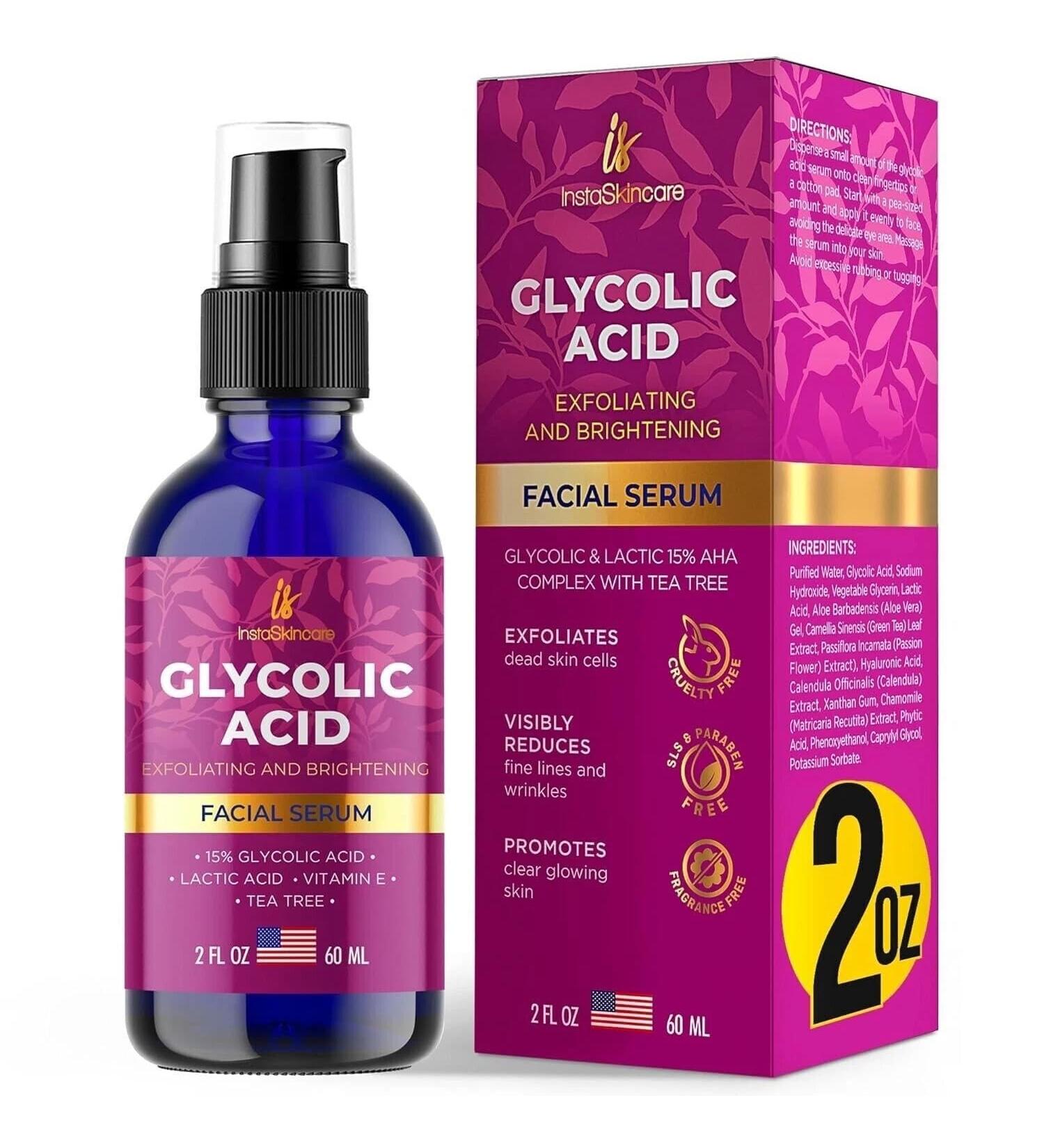 Instaskincare Glycolic Acid Facial Serum Exfoliating & Brightening 15% AHA with Lactic Acid Vitamin E & Tea Tree 2 fl oz (60ml) - Buy Online on GoSupps.com