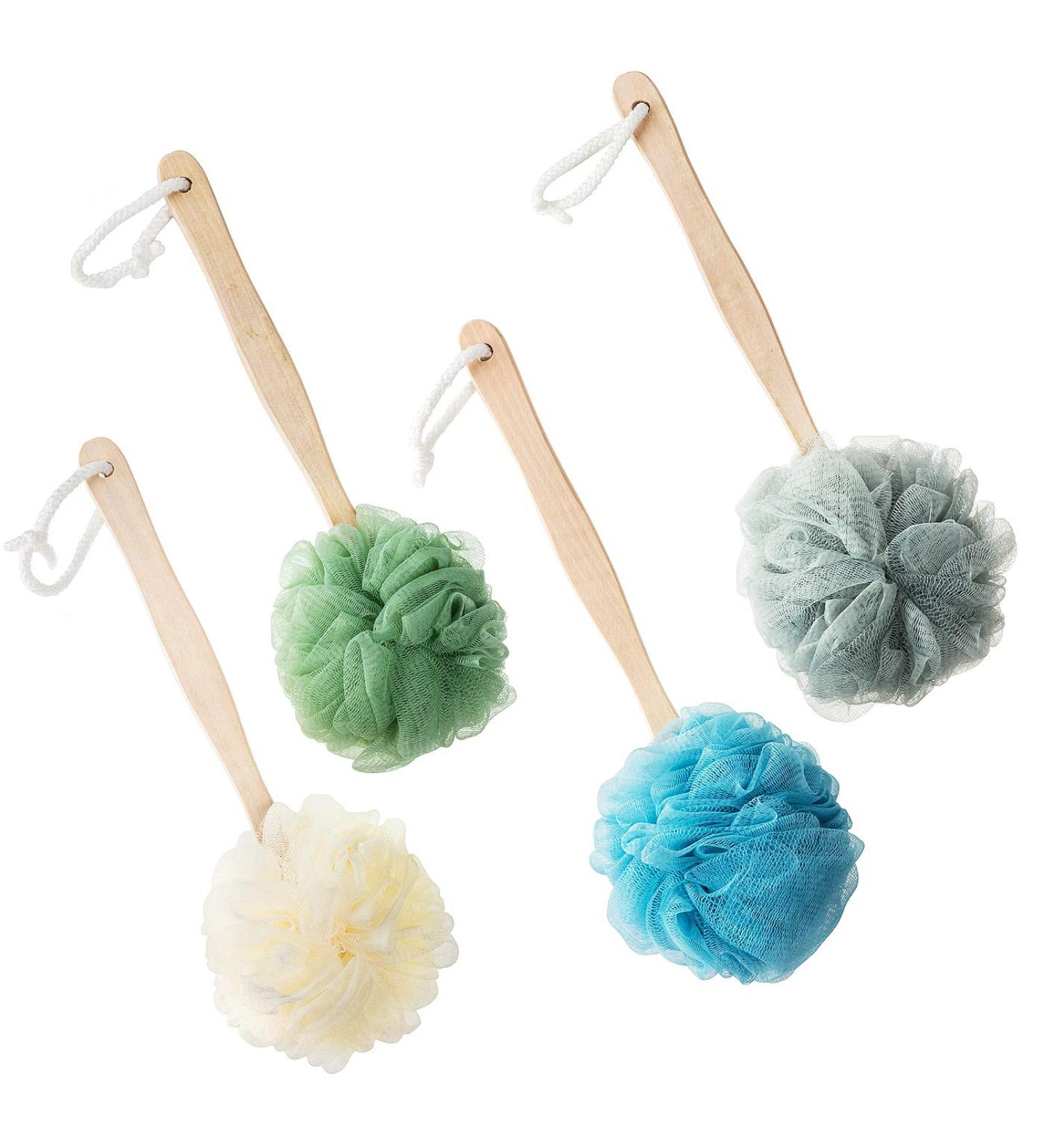 4 Pack Large Bath Puff Loofah Sponge with Long Handle Shower Brush | Spa Body Back Brush for Women and Men | Multi-Colored - Buy Online on GoSupps.com