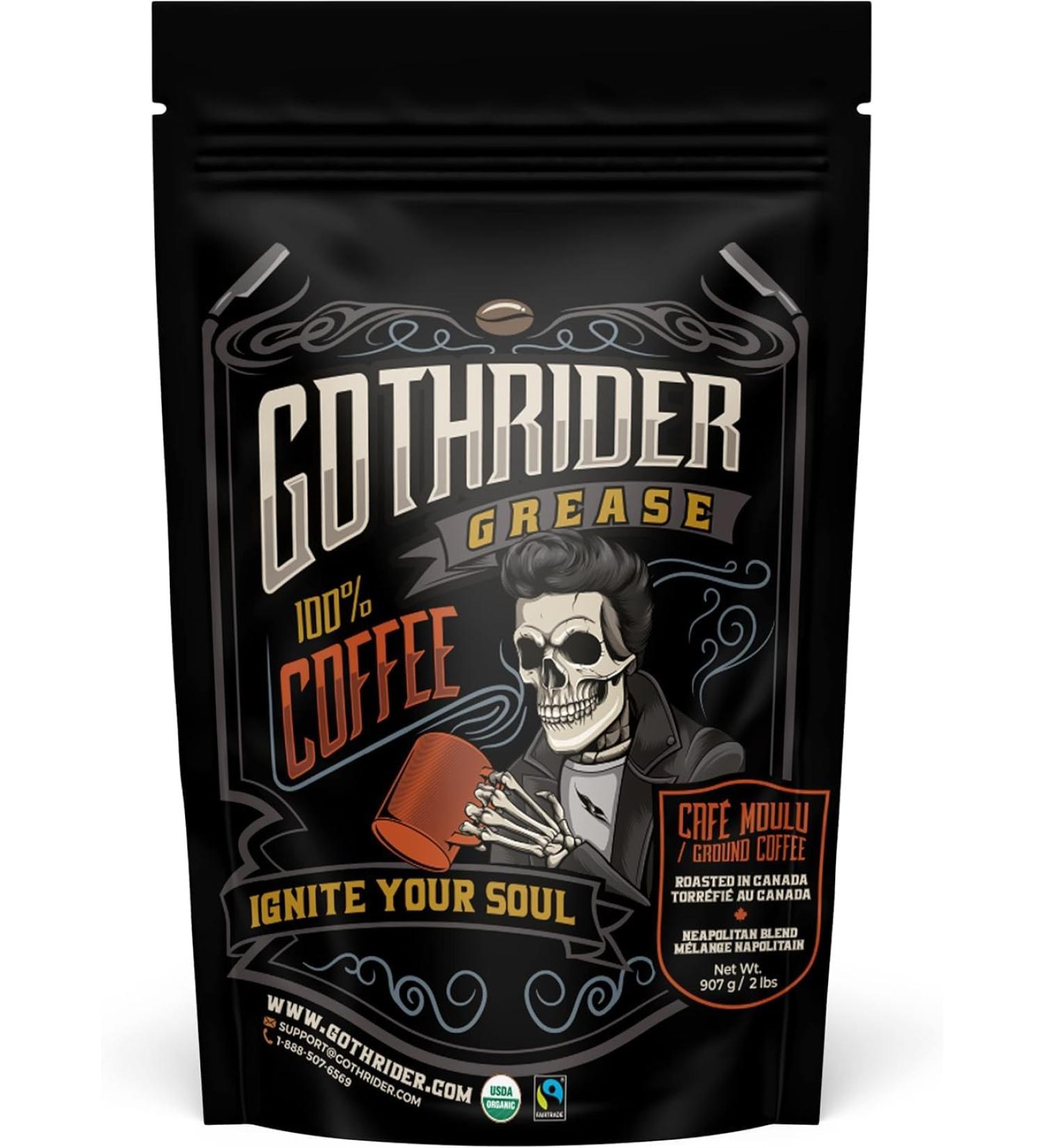 GothRider Grease Ground Bean Coffee (2lbs) - USDA FairTrade and COR Certified Organic Coffee Beans Slow-Roasted Coffee Beans Neapolitan Blend Dark Roast Ground Bean Coffee