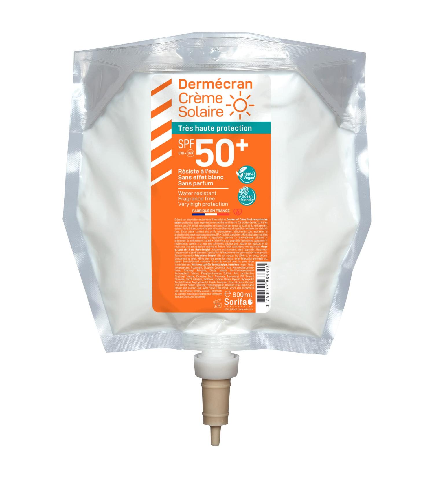 SORIFA - Derm cran - Sunscreen SPF50+ - Face and body - Vegan & Ocean Friendly formula - Water resistant - For the whole family from 3 years old - Made in France - 800 ml pouch - Buy Online on GoSupps.com
