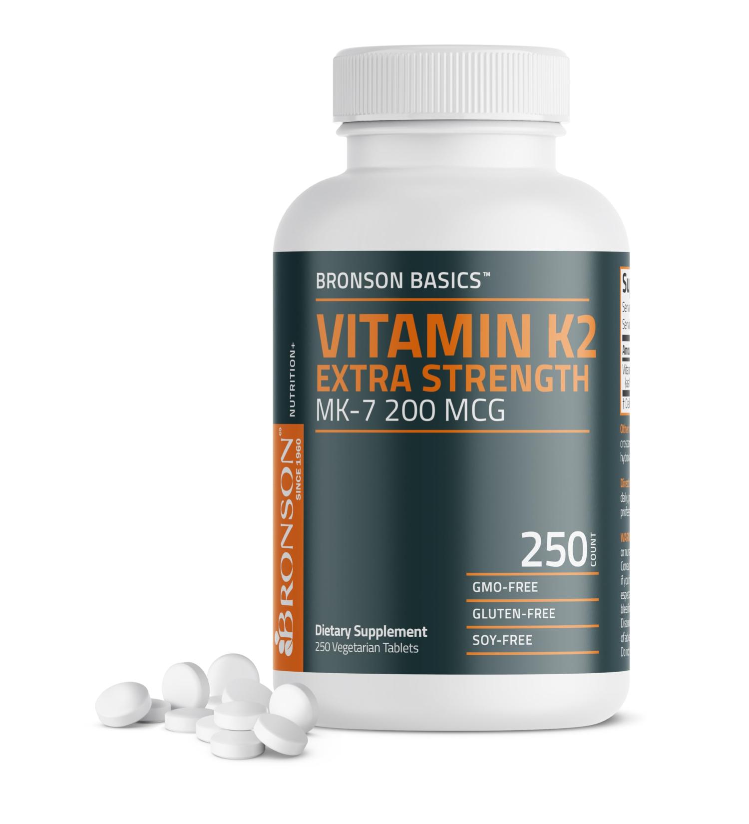Bronson Vitamin K2 MK-7 200mcg Extra Strength 250 Vegetarian Tablets 250 Count (Pack of 1) - Buy Online on GoSupps.com