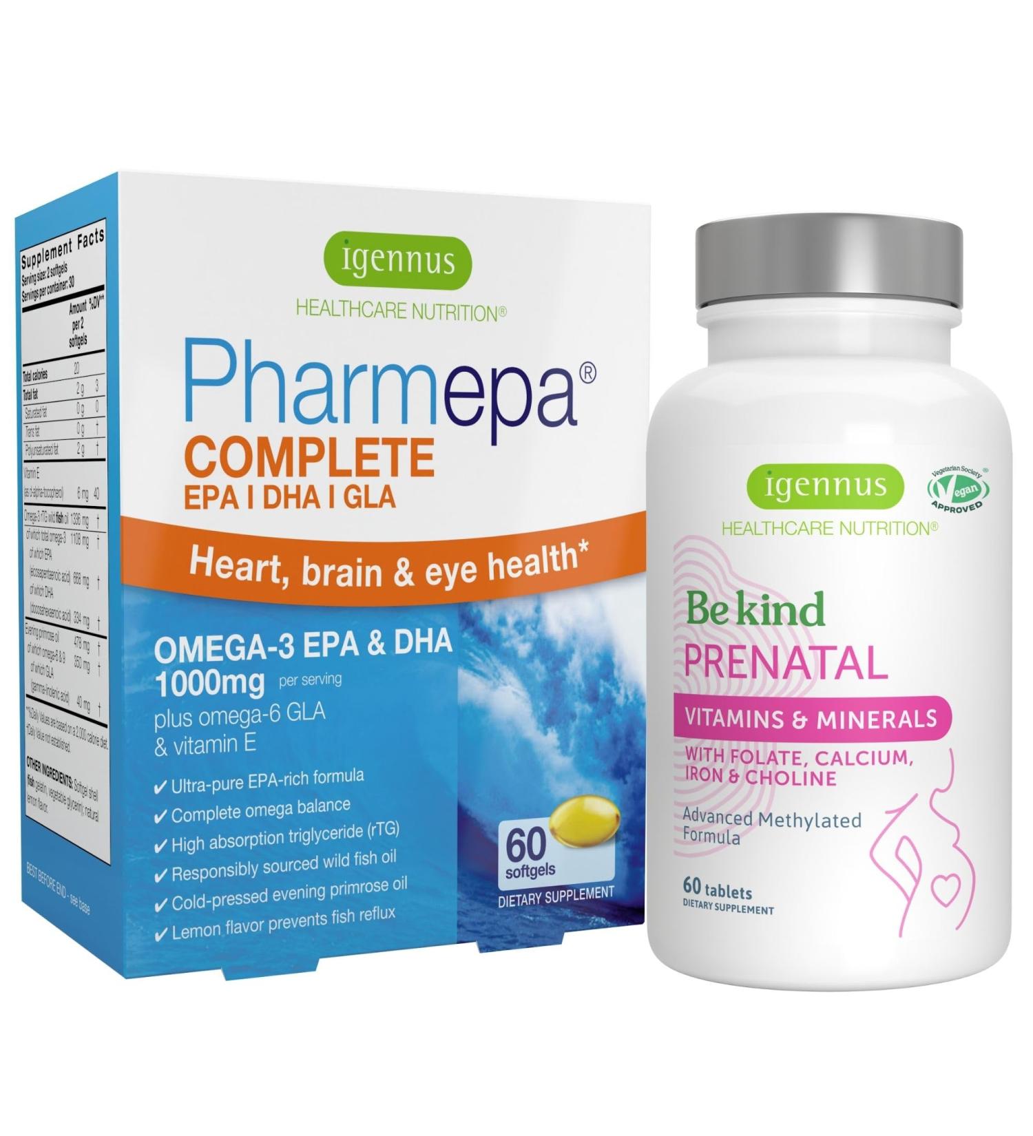 Advanced Prenatal Multivitamin & Pharmepa Complete EPA DHA rTG Omega 3 1000mg Pregnancy Support Bundle by Igennus - Buy Online on GoSupps.com