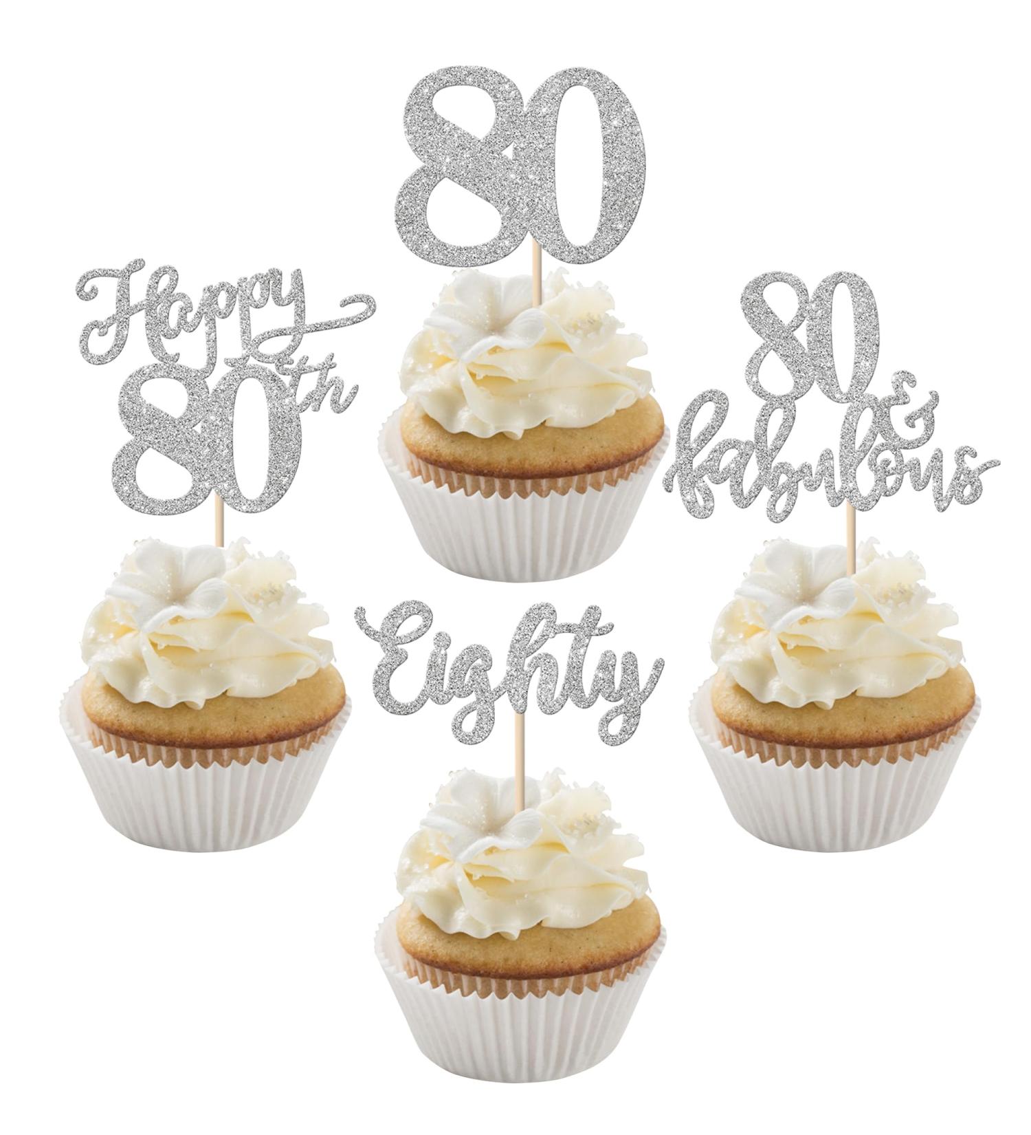 Rsstarxi 24 Pack Happy 80th Birthday Cupcake Toppers Glitter Eighty 80 Fabulous Cupcake Food Picks for 80th Birthday Wedding Anniversary Party Cake Decorations Silver Design 1 80th Silver