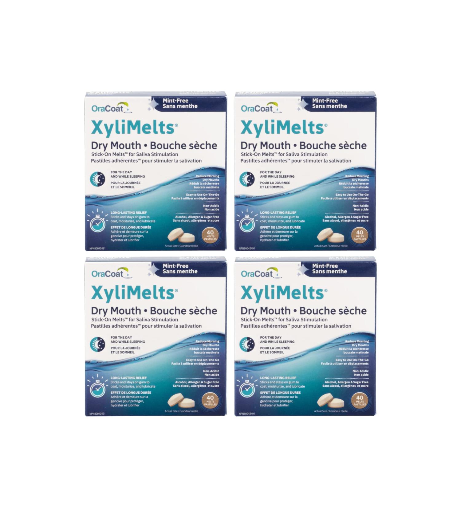 XyliMelts - Dry Mouth Product made with Xylitol - Stimulates Saliva Production Naturally - Mint Free - Value Pack of 4 x 40-Count Boxes - Sticky Time-Release Xylitol Lozenges - Canadian Version - Buy Online on GoSupps.com