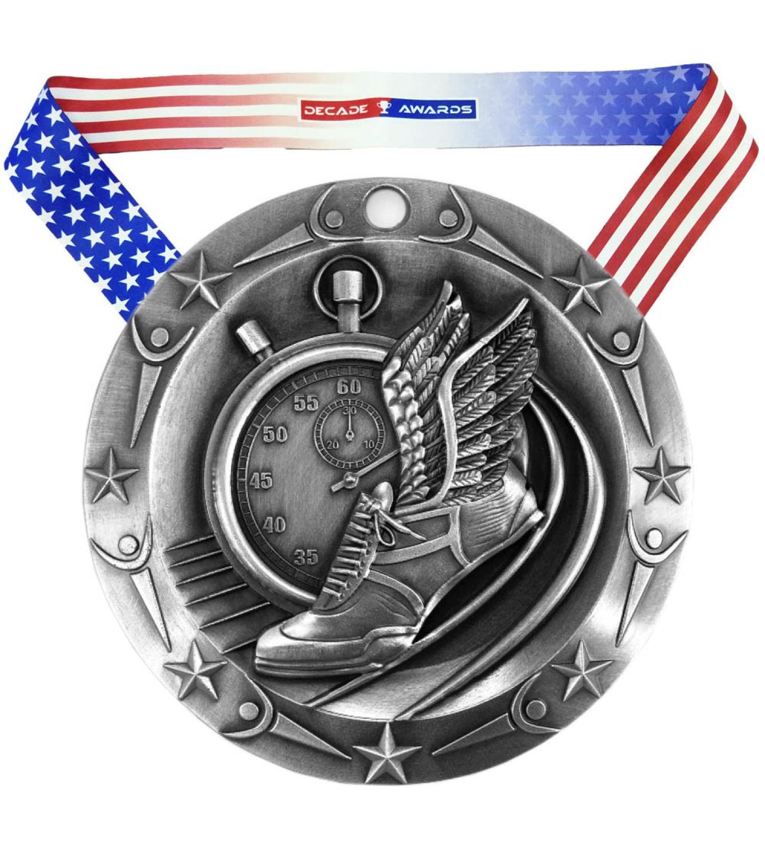 Decade Awards Track World Class Medal - 3 Wide Medallion with American Flag Ribbon - Silver - Buy Online on GoSupps.com