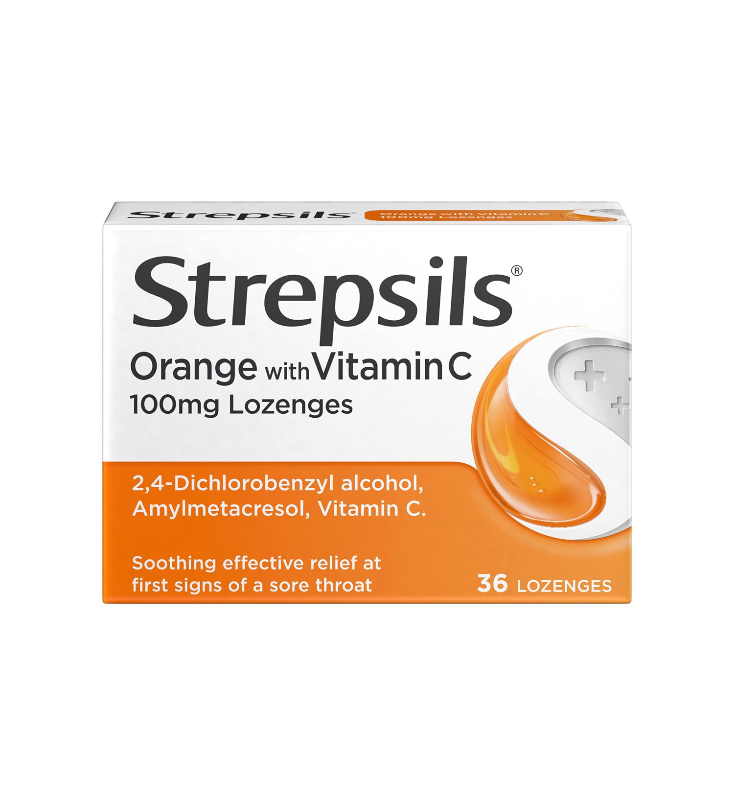 Strepsils Orange Lozenges 36s with Vitamin C - Gluten Free Sore Throat Relief | Fights Infection, Soothes Throat | Works in 5 Mins - 36 Count - Buy Online on GoSupps.com