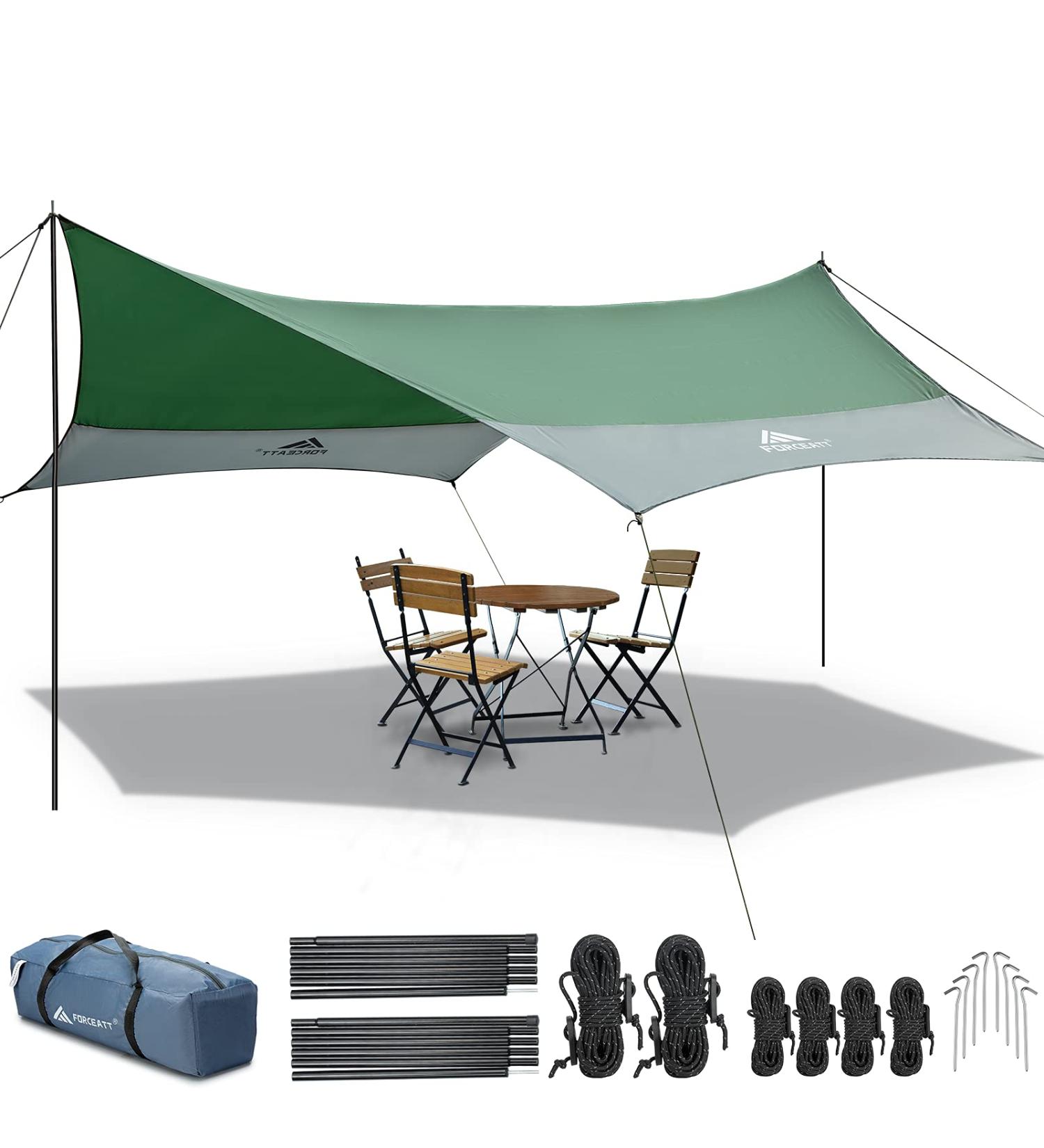 Forceatt 12X14FT Waterproof Camping Tarp with Poles - Lightweight Sun Shelter for Camping, Hiking, and Traveling - Green & Gray - Buy Online on GoSupps.com