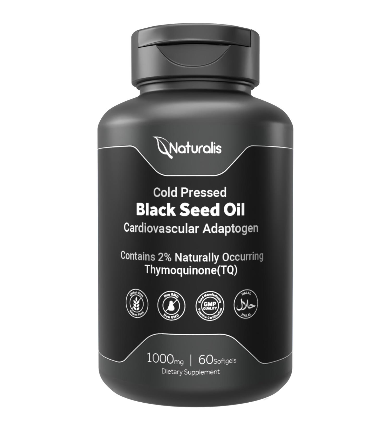 Naturalis Cold Pressed Black Seed Oil 1000mg | 2% Naturally Occurring Thymoquinone (TQ) for Hair Skin Nails & Cardiovascular Support | Non-GMO Gluten & Soy Free | 60 Softgels 60 Count (Pack of 1) - Buy Online on GoSupps.com