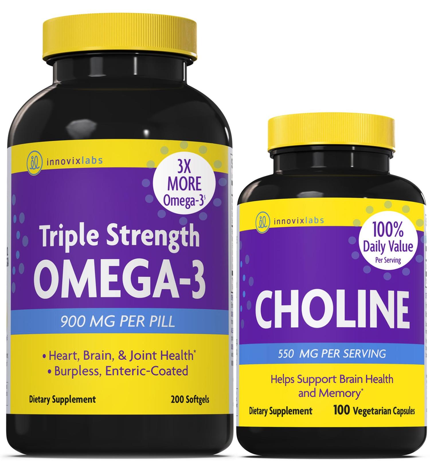 InnovixLabs Choline & Triple Omega-3 Bundle Choline Bitartrate 550mg (100 Capsules) Triple Strength Omega (200 Softgels). Supports Memory Mood Brain Health & Boost Cognitive.* - Buy Online on GoSupps.com
