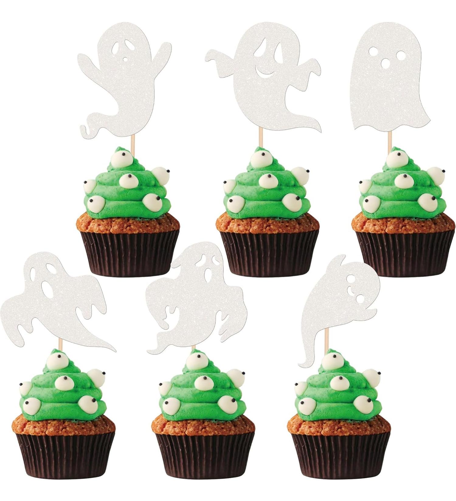 Pack of 24 Ghost Halloween Cupcake Toppers Glitter Ghost Cake Decoration for Happy Halloween Spooky Ghost Theme Party Cake Decoration Baby Shower Children Birthday Party Cake Decorations White Colour 19 - Buy Online on GoSupps.com