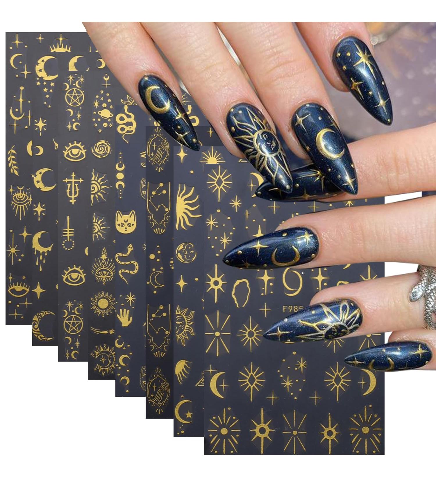 8 Sheets Gold Star Nail Stickers | Metallic 3D Self-Adhesive Nail Art Decals for Women - Sun Moon & Planet Designs - Buy Online on GoSupps.com