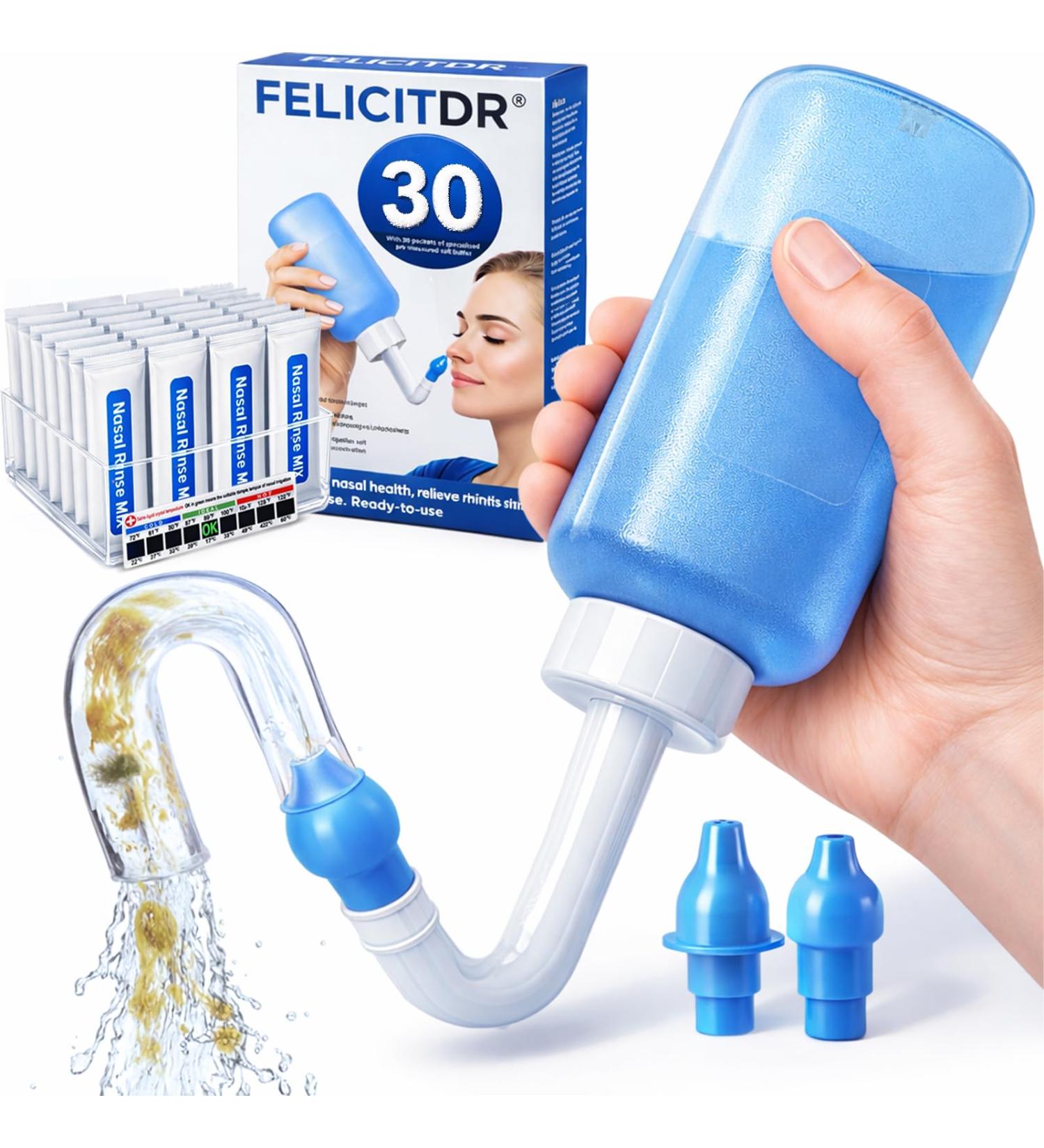 Adjustable-Pressure Blue Nasal Rinse Bottle, 300mL Smart Air-Valve Continuous-Flow Irrigator with 30 Saline Packets & Dual Nozzles - Buy Online on GoSupps.com