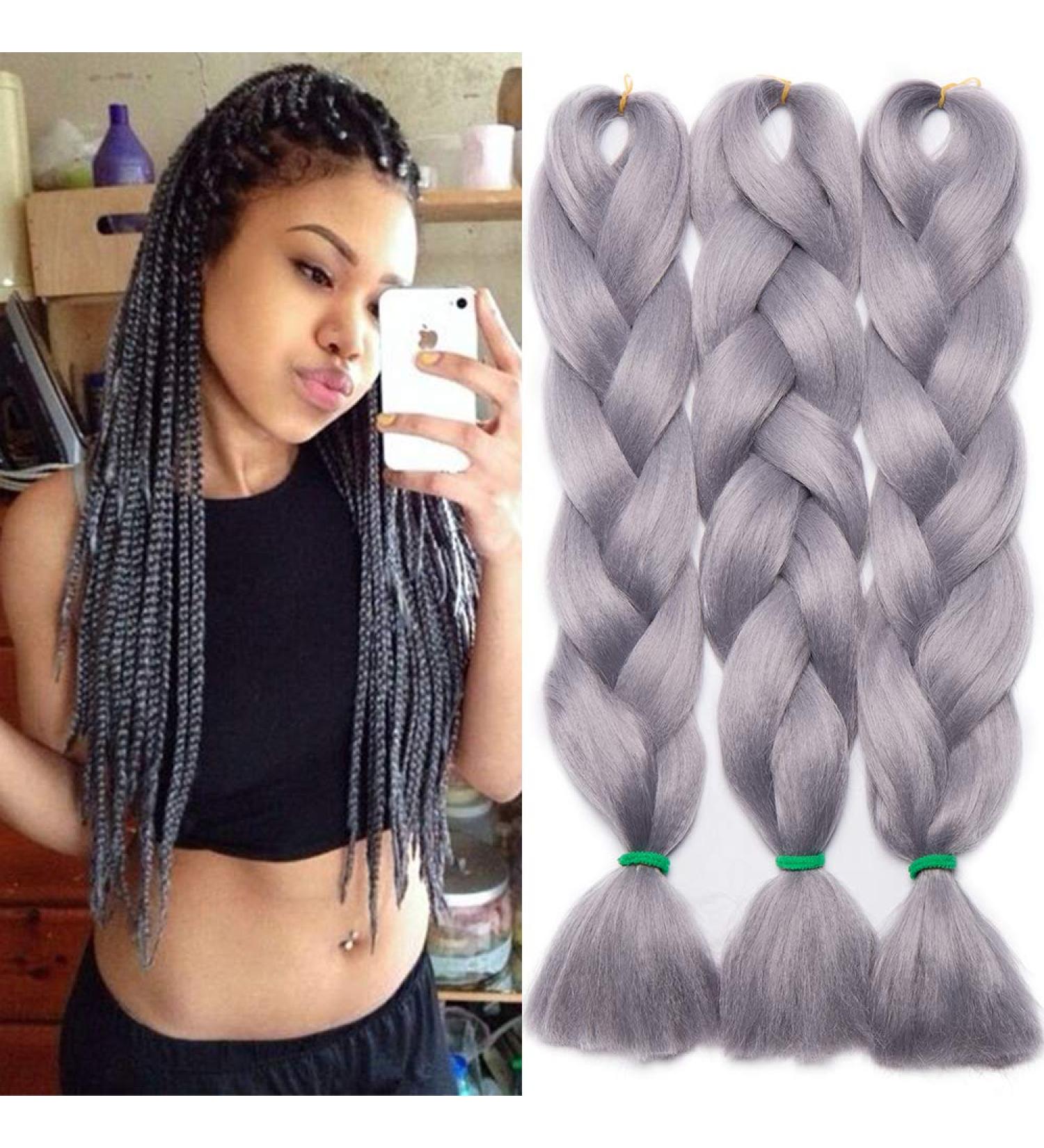 Tess Braids Extensions 60 cm - 3 Pack Jumbo Kanecalon Hair Braids | Silver Gray Box Braids - 100g/Bundle - Buy Online on GoSupps.com