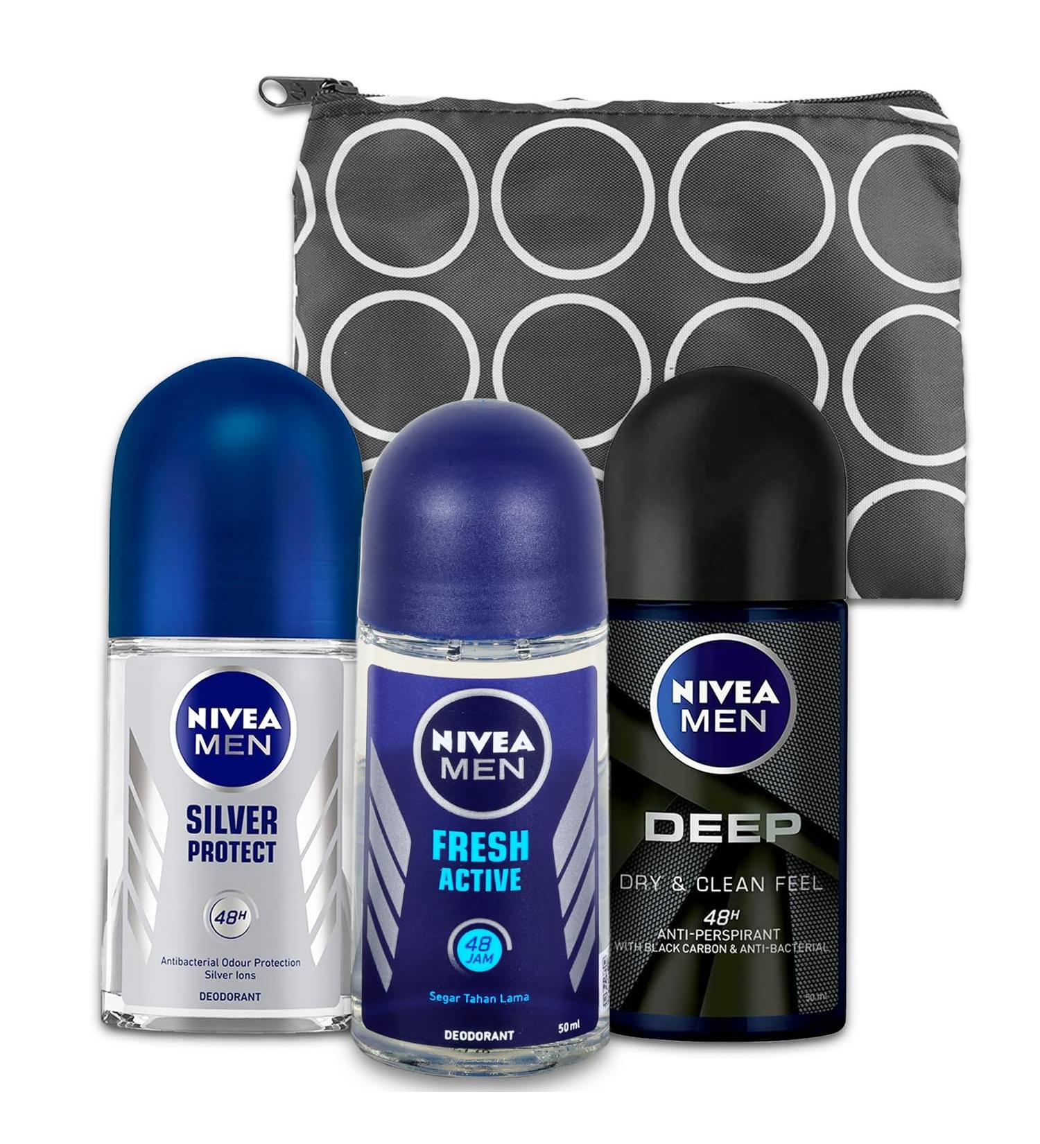 Nivea Men s Deodorant Roll-On Bundle - 3 Variety Packs + Bag | Long-Lasting Antiperspirant for Men | International Shipping - Buy Online on GoSupps.com