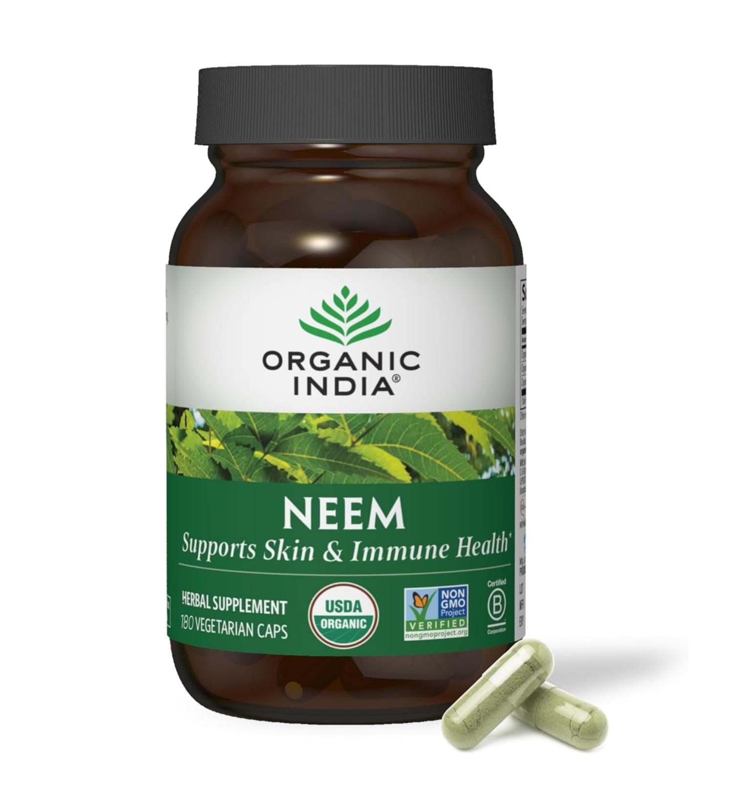 ORGANIC INDIA Neem Leaf Capsules Herbal Supplement - Supports Skin Immune & Liver Health Detox Vegan Gluten-Free USDA Certified Organic - 180 Capsules 180 Count (Pack of 1) - Buy Online on GoSupps.com