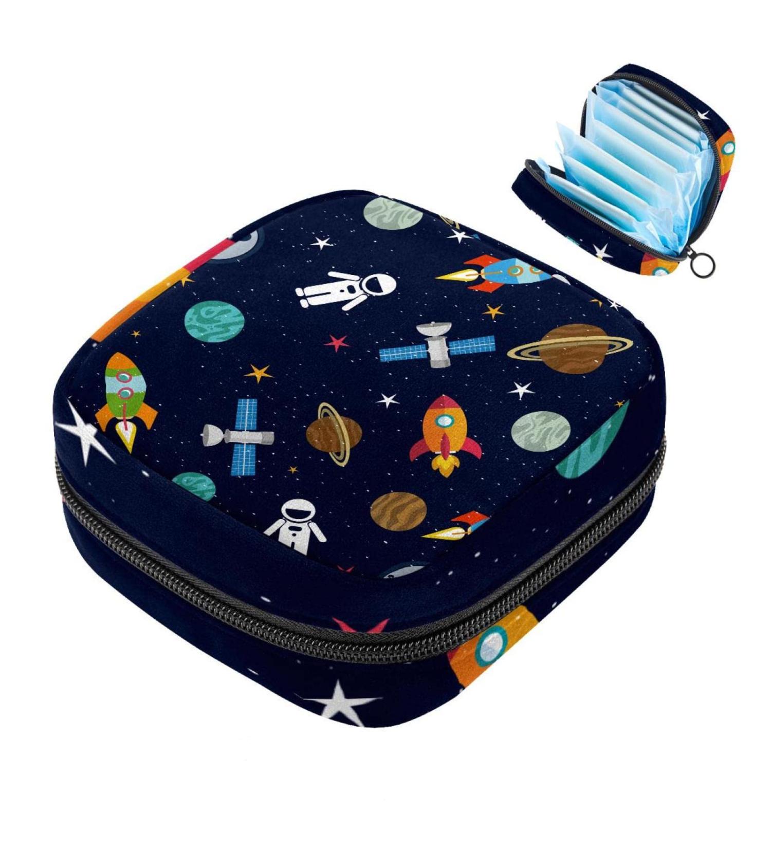 Womens Napkin Storage Bag - Space-Themed with Rockets Stars & Planets | Portable Menstrual Cup & Bandages Bag for First Period - Buy Online on GoSupps.com