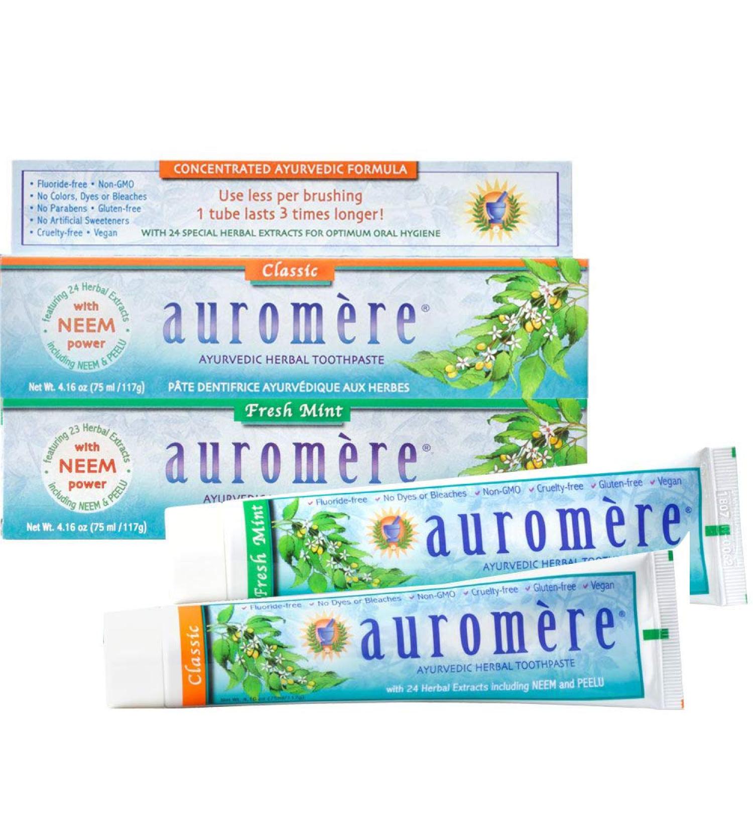 Auromere Ayurvedic Herbal Toothpaste Fresh Mint Licorice Bundle - Vegan Natural Non GMO Flouride Free Gluten Free with Neem & Peelu (4.16 oz) 2 Pack - Buy Online on GoSupps.com