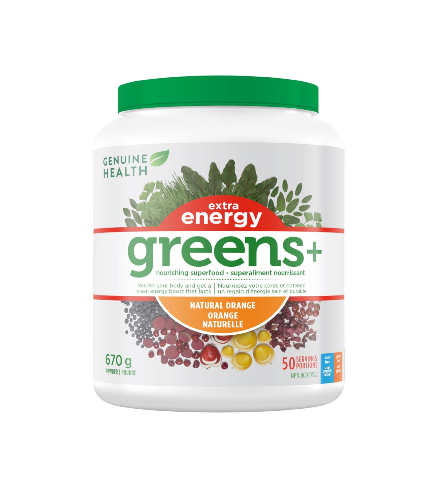 Genuine Health Greens+ Extra Energy 50 servings Superfoods Antioxidants and Polyphenols for daily immediate energy or workout boost Natural Orange flavoured powder 670g Natural Orange 50 Servings - Buy Online on GoSupps.com