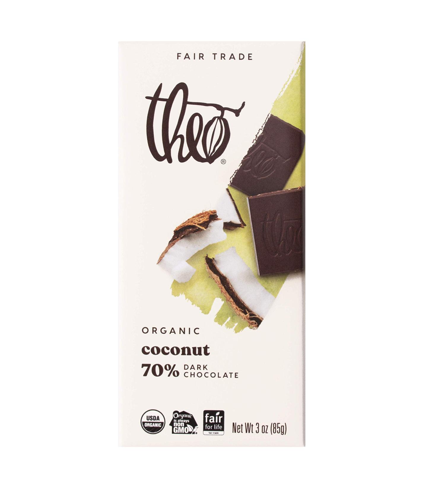 Theo Chocolate Coconut Organic Dark Chocolate Bar - 70% Cacao, Vegan, Fair Trade (12 Pack) - Buy Online on GoSupps.com