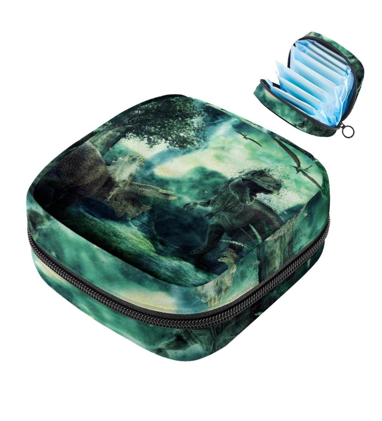 Menstruation Pad Bag with Zipper - Fantasy 3D Dinosaur Landscape Design | Women's Napkin & Tampon Collection Bag - Buy Online on GoSupps.com