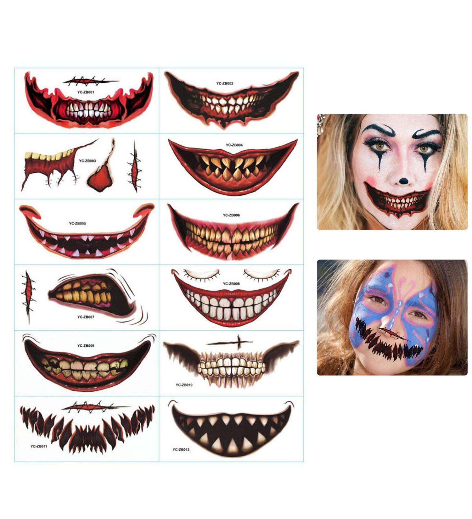 12 Styles Halloween Temporary Tat toos Kit Horror Mouth Tat too Stickers Halloween Temporary Tatt oos Face Makeup Waterproof Realistic Scar Wound Sticker for Halloween Cosplay Decorations - Buy Online on GoSupps.com