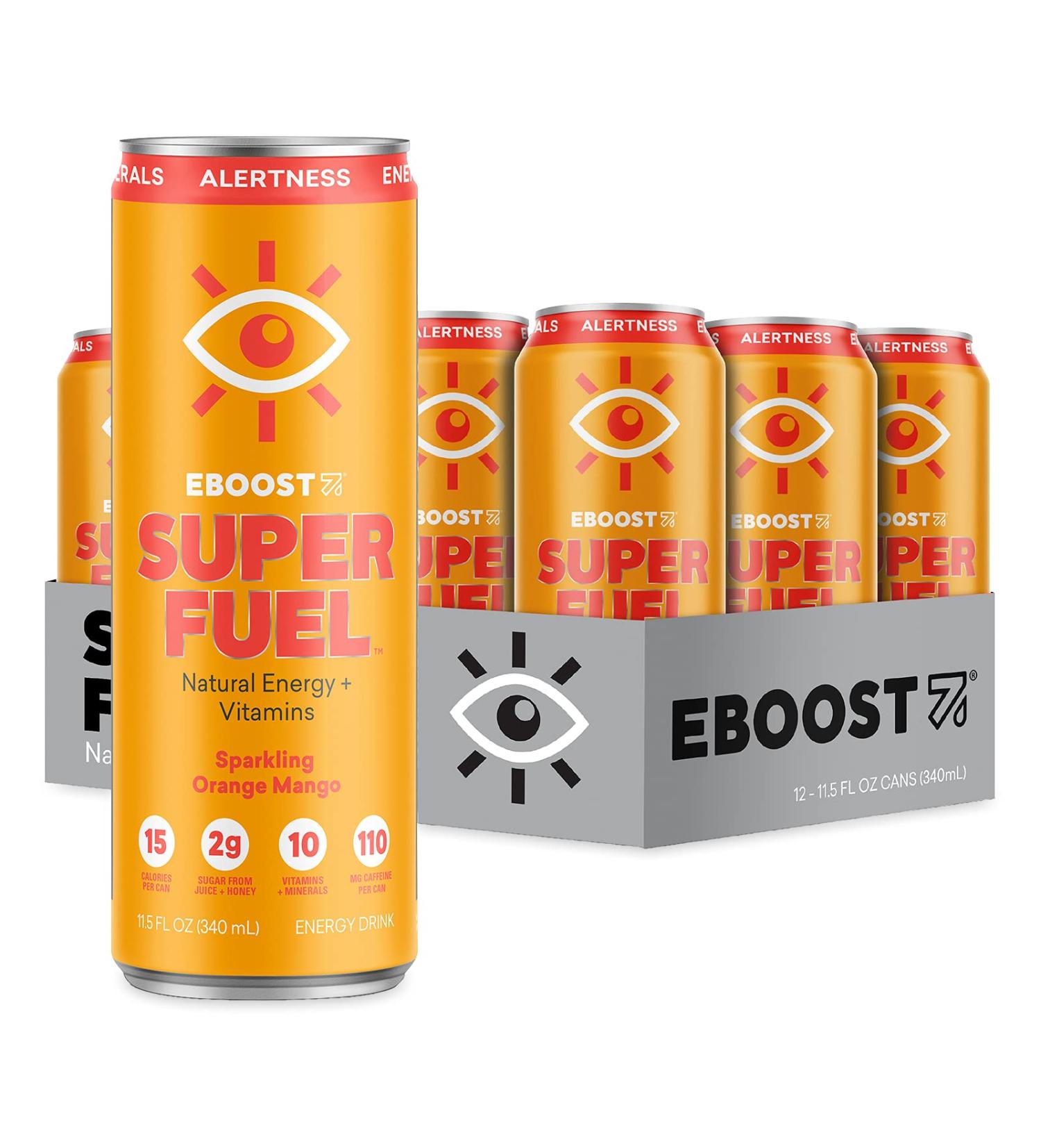 EBOOST Super Fuel Natural Energy Drink - Orange Mango 12 Pack - 11.5 Fl Oz - With Natural Caffeine and Electrolytes - Buy Online on GoSupps.com