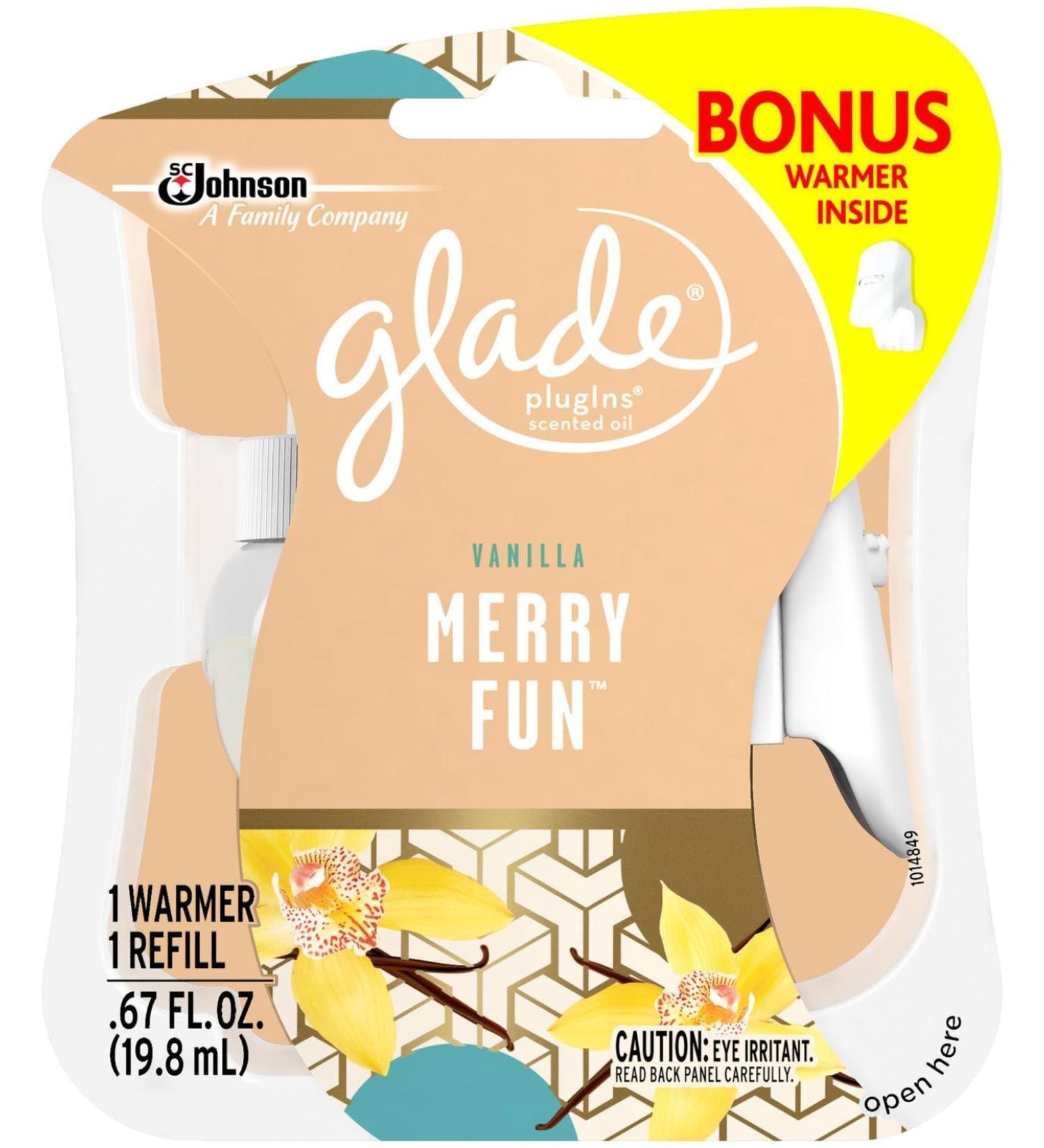 Glade Plugins Scented Oil Air Freshener Refill Plus Free Warmer Merry Fun 0.67 Ounce
