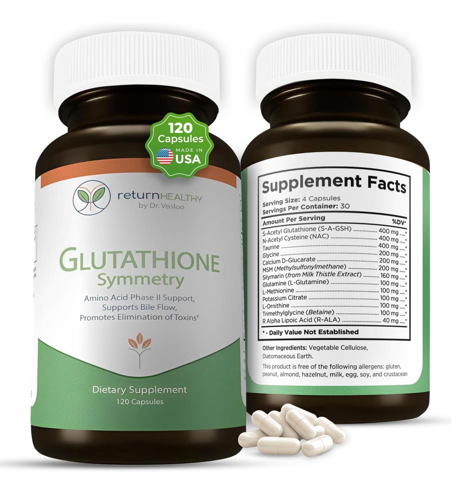 Return Healthy Glutathione Symmetry | S-Acetyl Glutathione Supplement | Antioxidants & Detoxification Supplement | Natural Cellular Support | All-Natural Vegan Non-GMO 120 caps - Buy Online on GoSupps.com