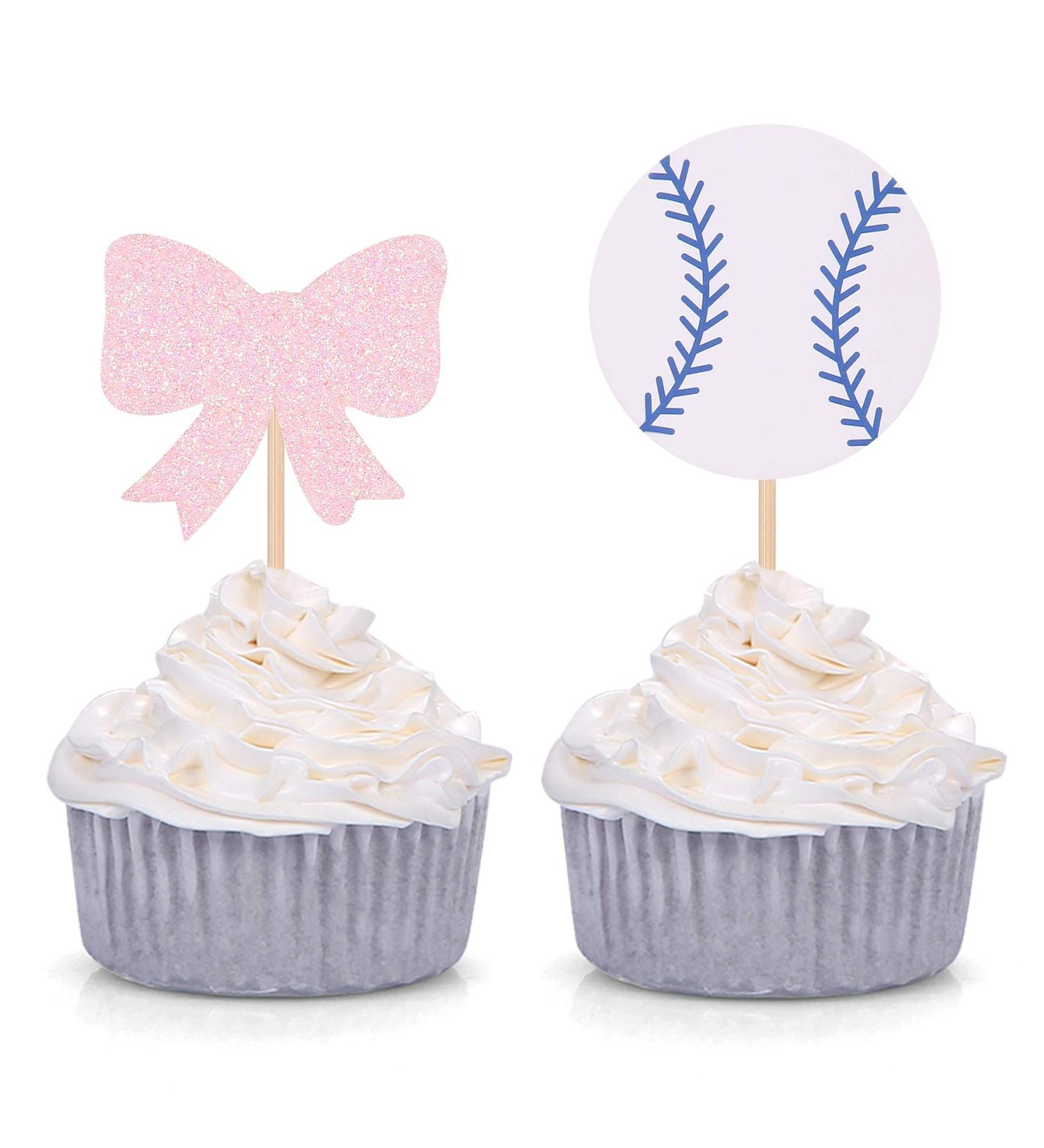 Set of 24 Baseballs or Bows Cupcake Toppers Gender Reveal Party Decorations