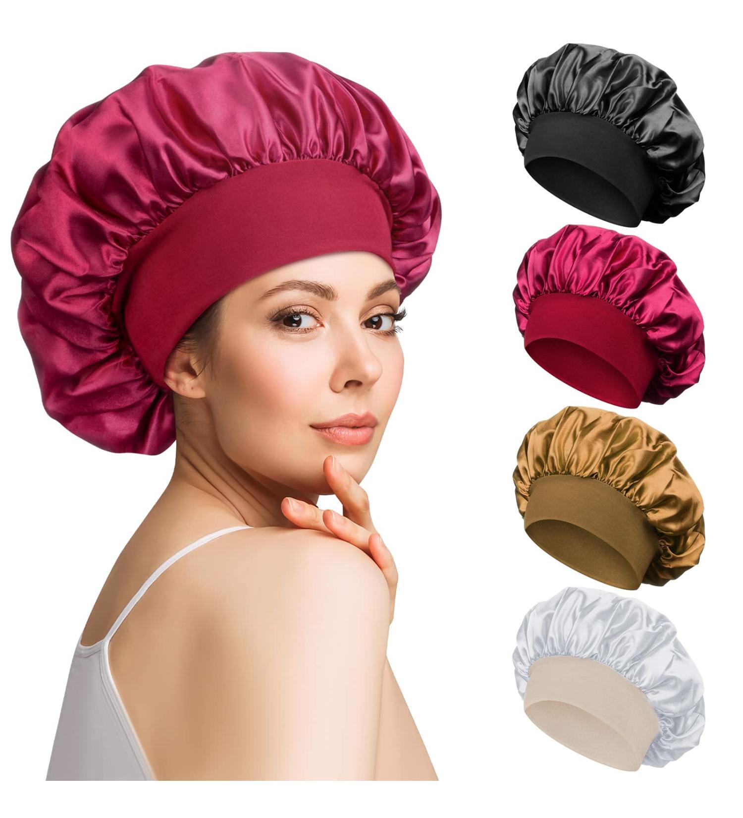 4pcs Satin Silk Bonnet Set for Curly Hair - Night Sleep Cap for Women (Black Red Gold Silver) - Buy Online on GoSupps.com