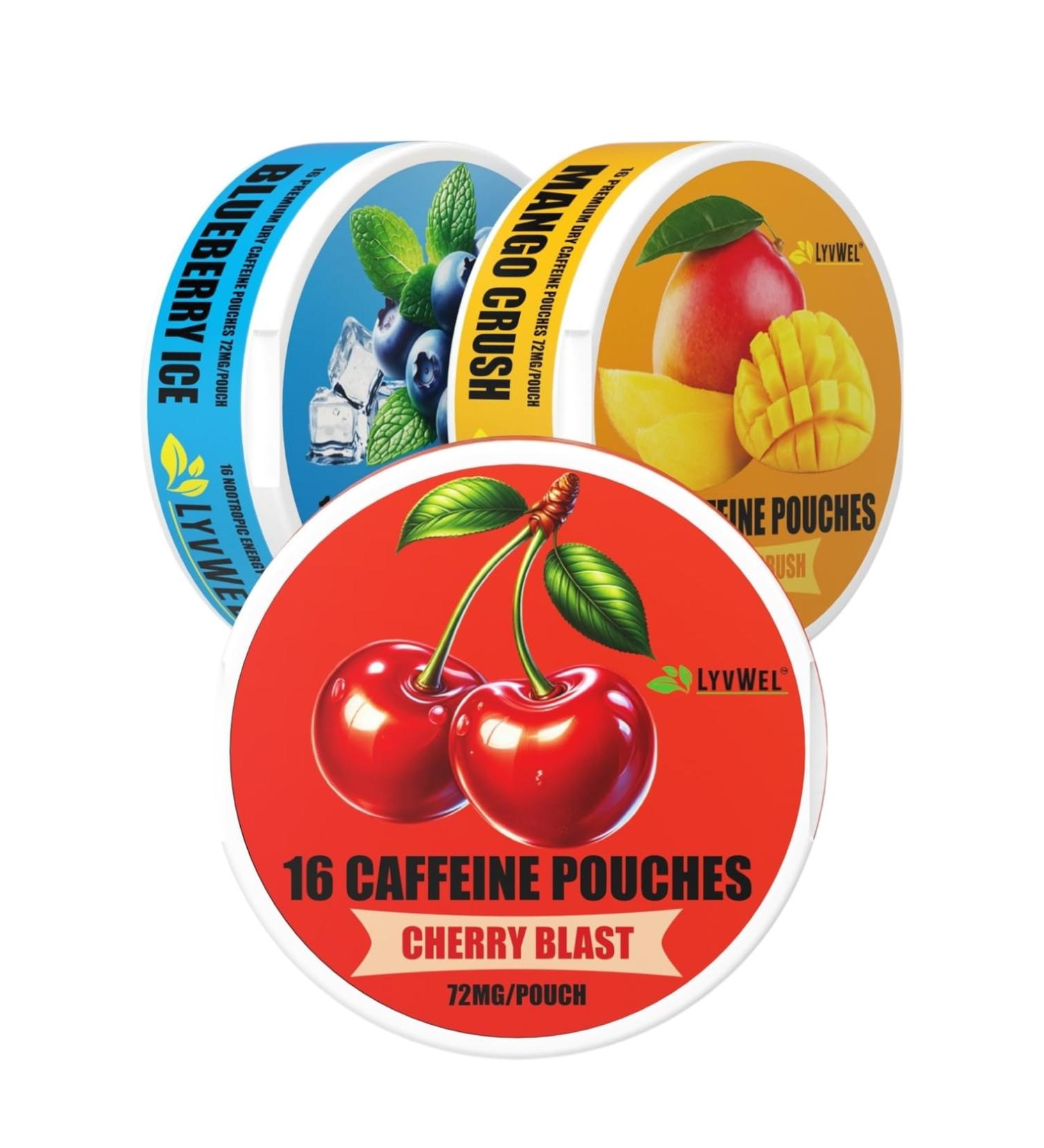 LyvWel 72mg Caffeine Energy Pouches Cherry Blast Blueberry Ice Mango Crush Clean Energy with Guarana for Focus & Stamina 3-Pack (48 Total Pouches) Cherry Blast Blueberry Ice Mango Crush 3 Pack - Buy Online on GoSupps.com