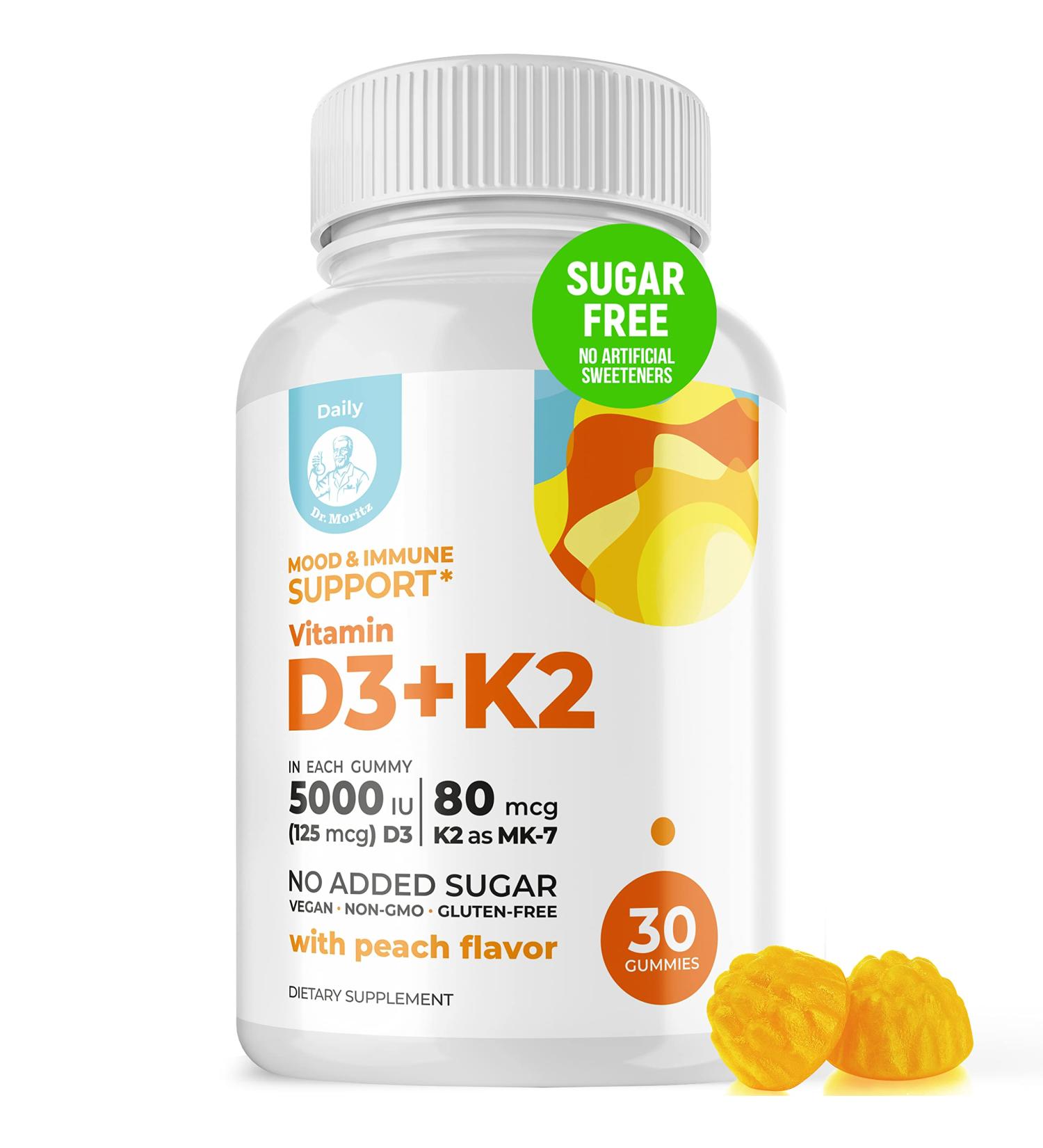 Dr. Moritz Vitamin D3 K2 Gummies 5000 IU - Sugar-Free Immune Support Supplement for Healthy Bones - Vegan & Gluten-Free Chewable Gummies for Adults & Kids - Buy Online on GoSupps.com