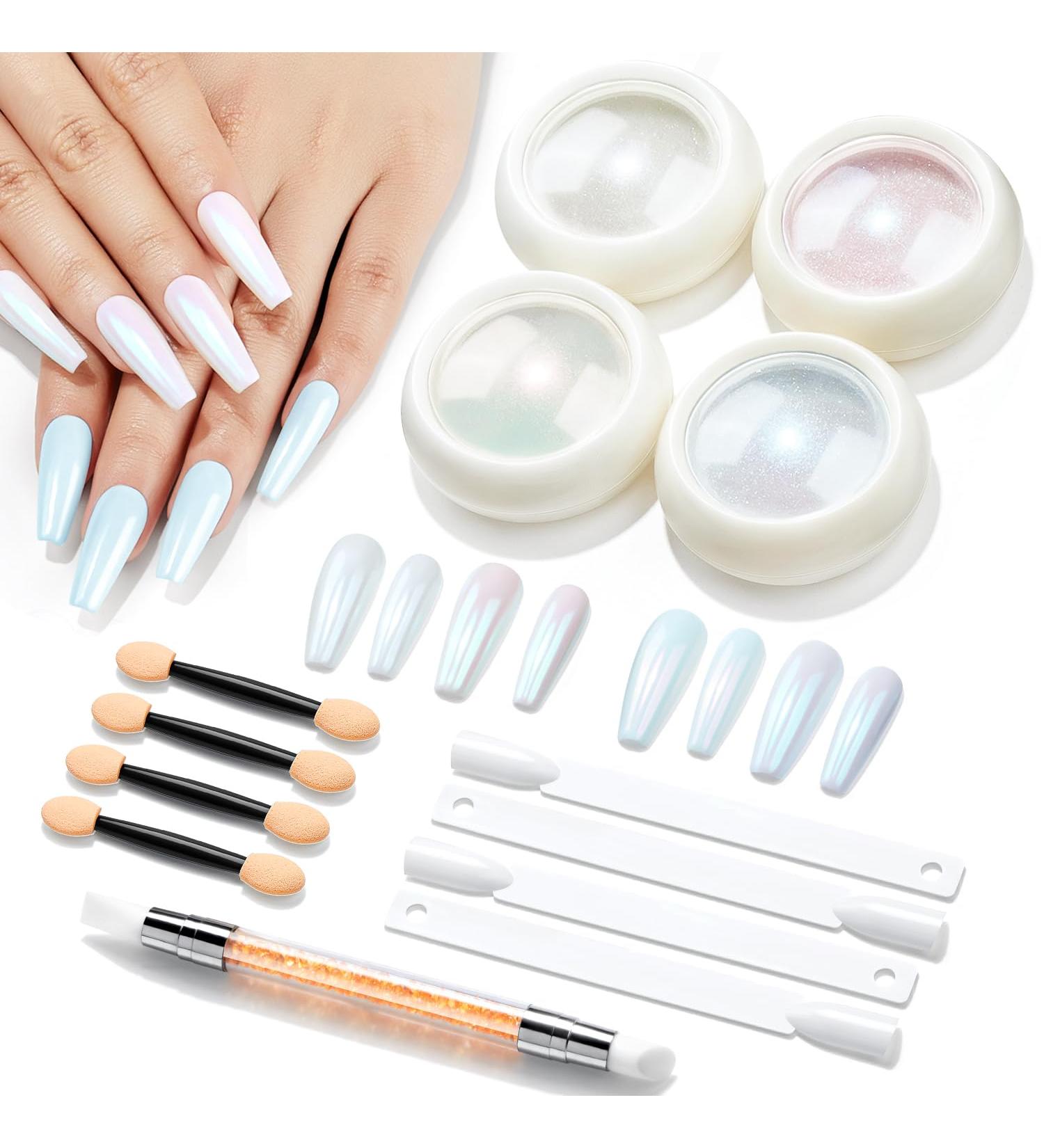 Modelones Chrome Nail Powder Set - White Pearl Effect 4Pcs Powder, Silicone Brush, Cotton Swabs & Color Display Sticks - Buy Online on GoSupps.com
